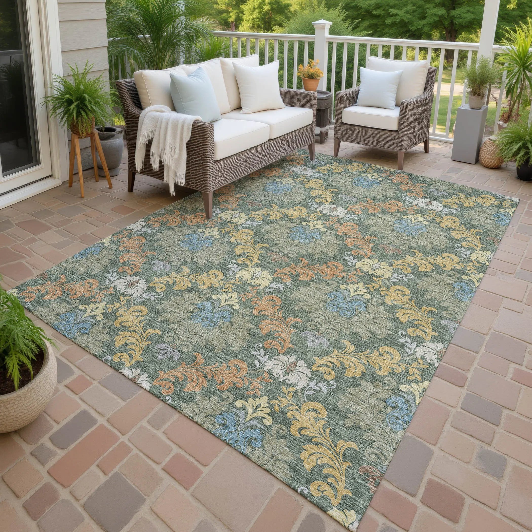 5' X 8' Green And Teal Blue Damask Washable Indoor Outdoor Area Rug Homeroots Outdoor