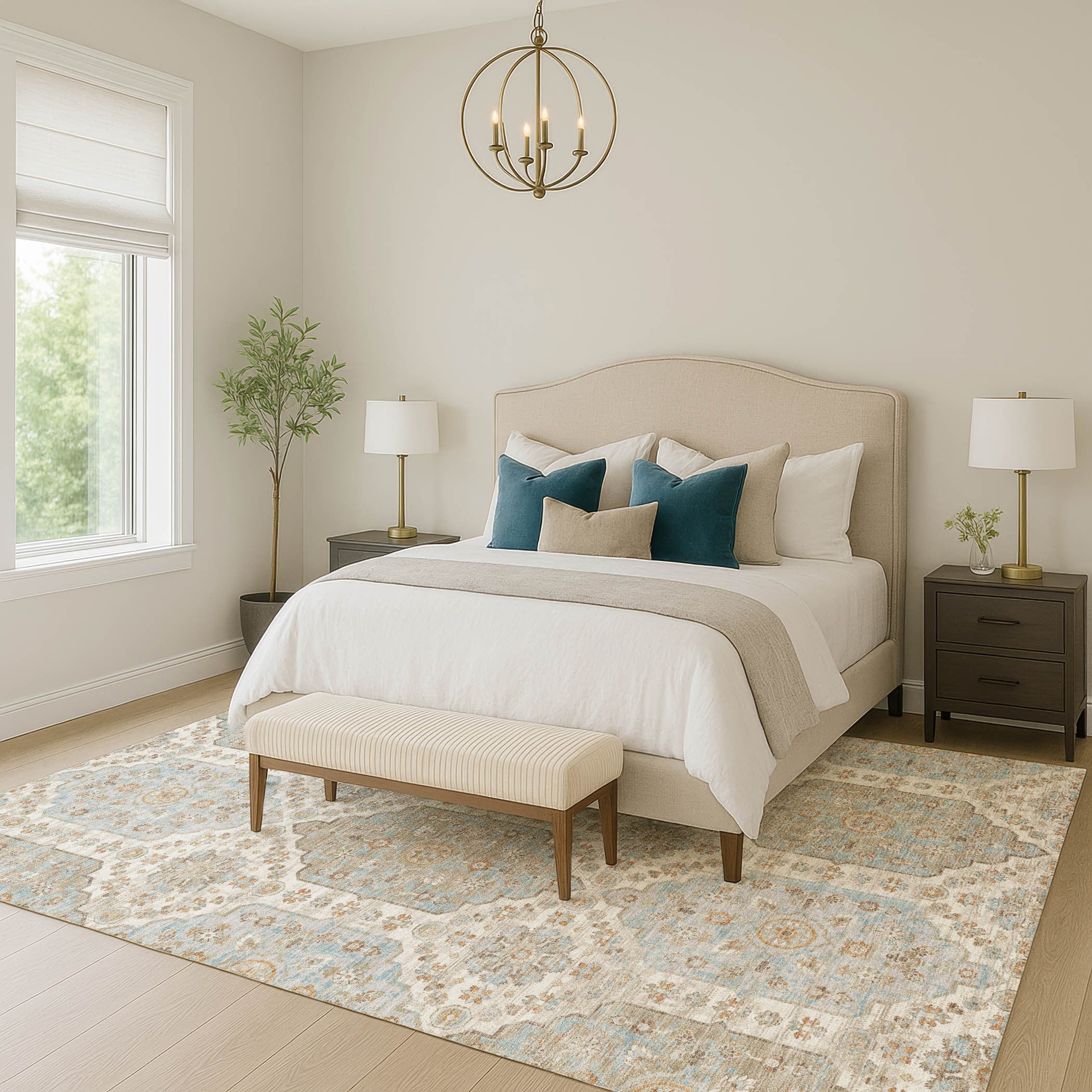 5' X 8' Ivory And Beige Damask Washable Indoor Outdoor Area Rug Homeroots Outdoor