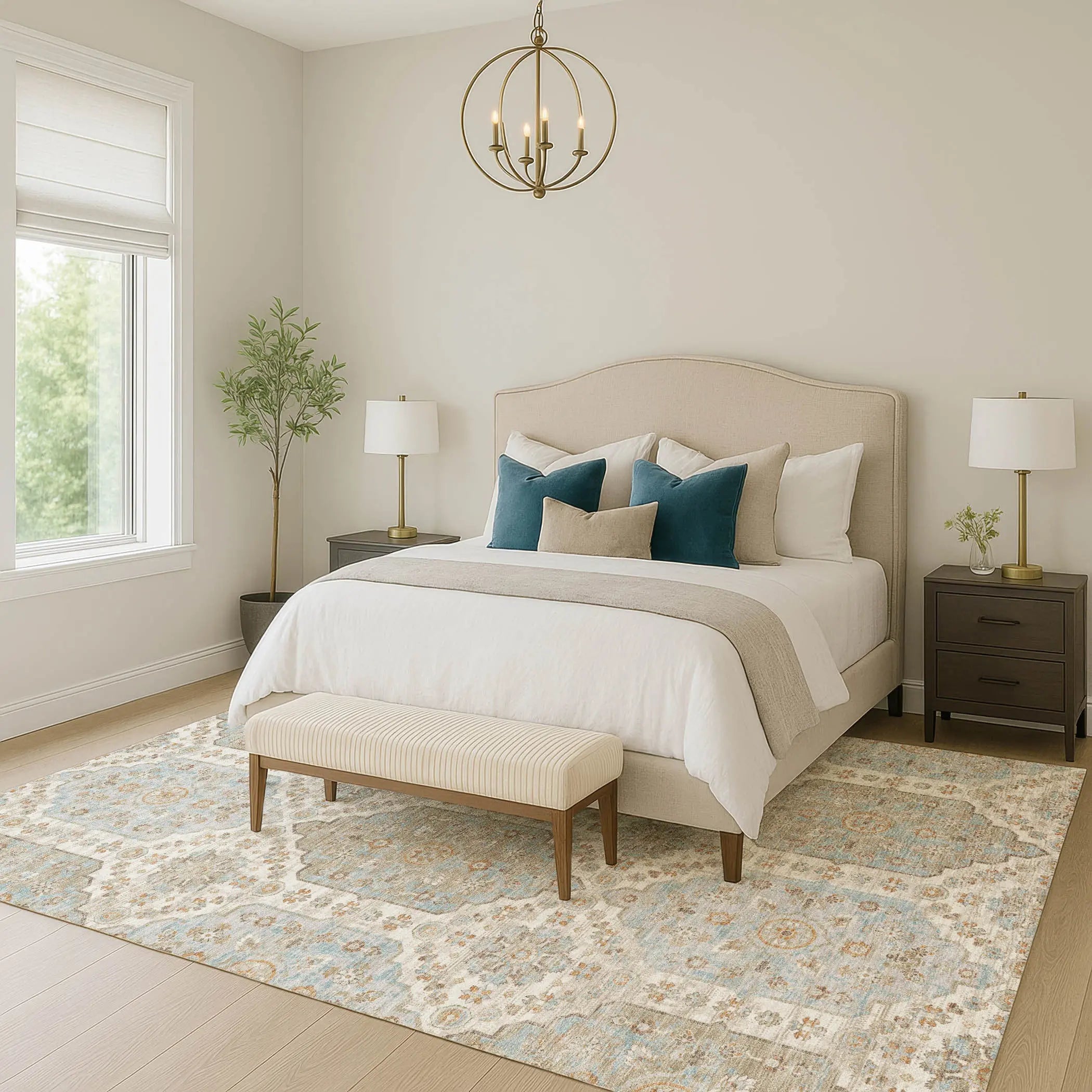 5' X 8' Ivory And Beige Damask Washable Indoor Outdoor Area Rug Homeroots Outdoor