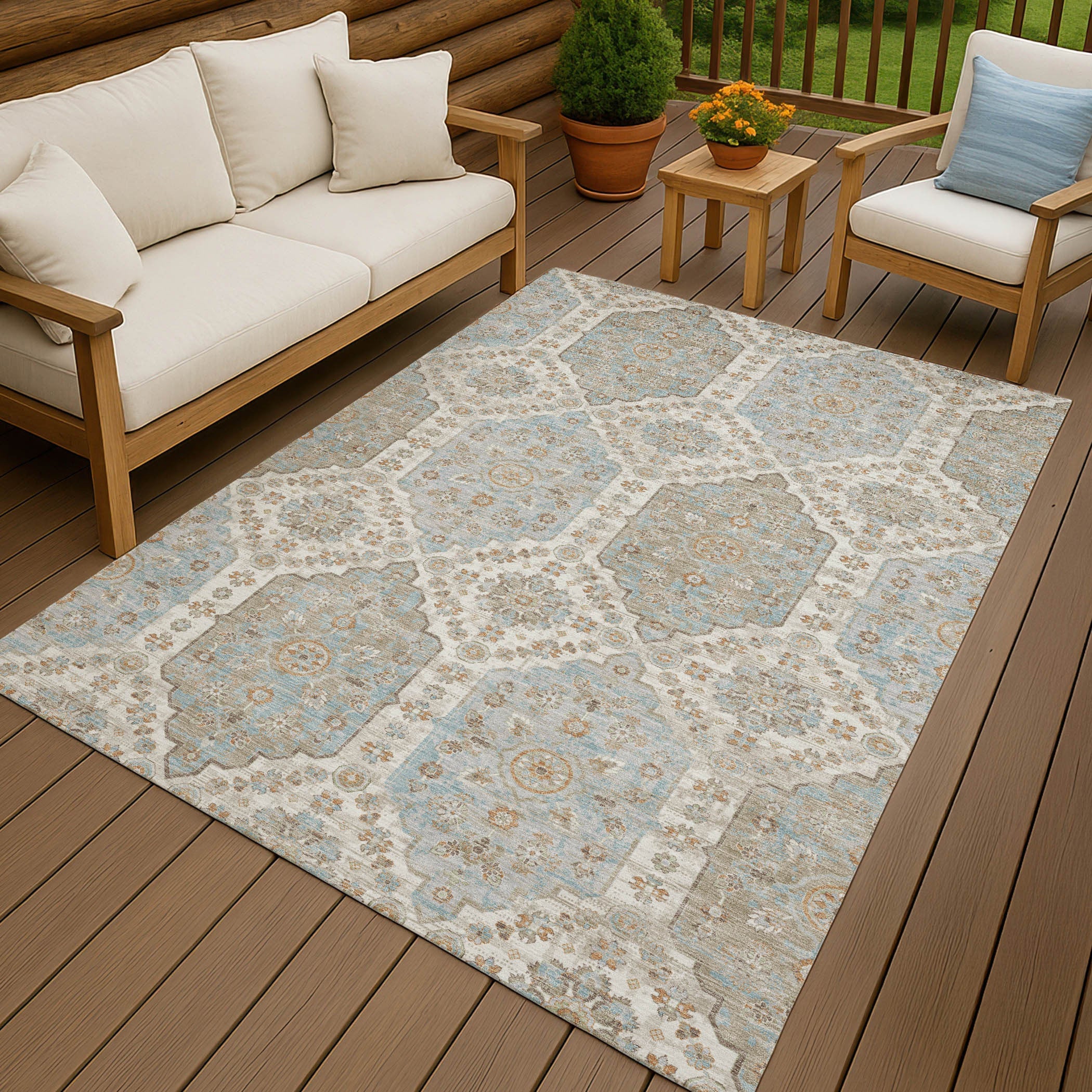 5' X 8' Ivory And Beige Damask Washable Indoor Outdoor Area Rug Homeroots Outdoor