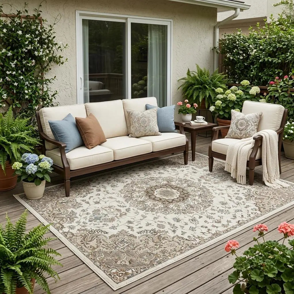 5' X 8' Ivory And Beige Floral Medallion Washable Indoor Outdoor Area Rug Homeroots Outdoor