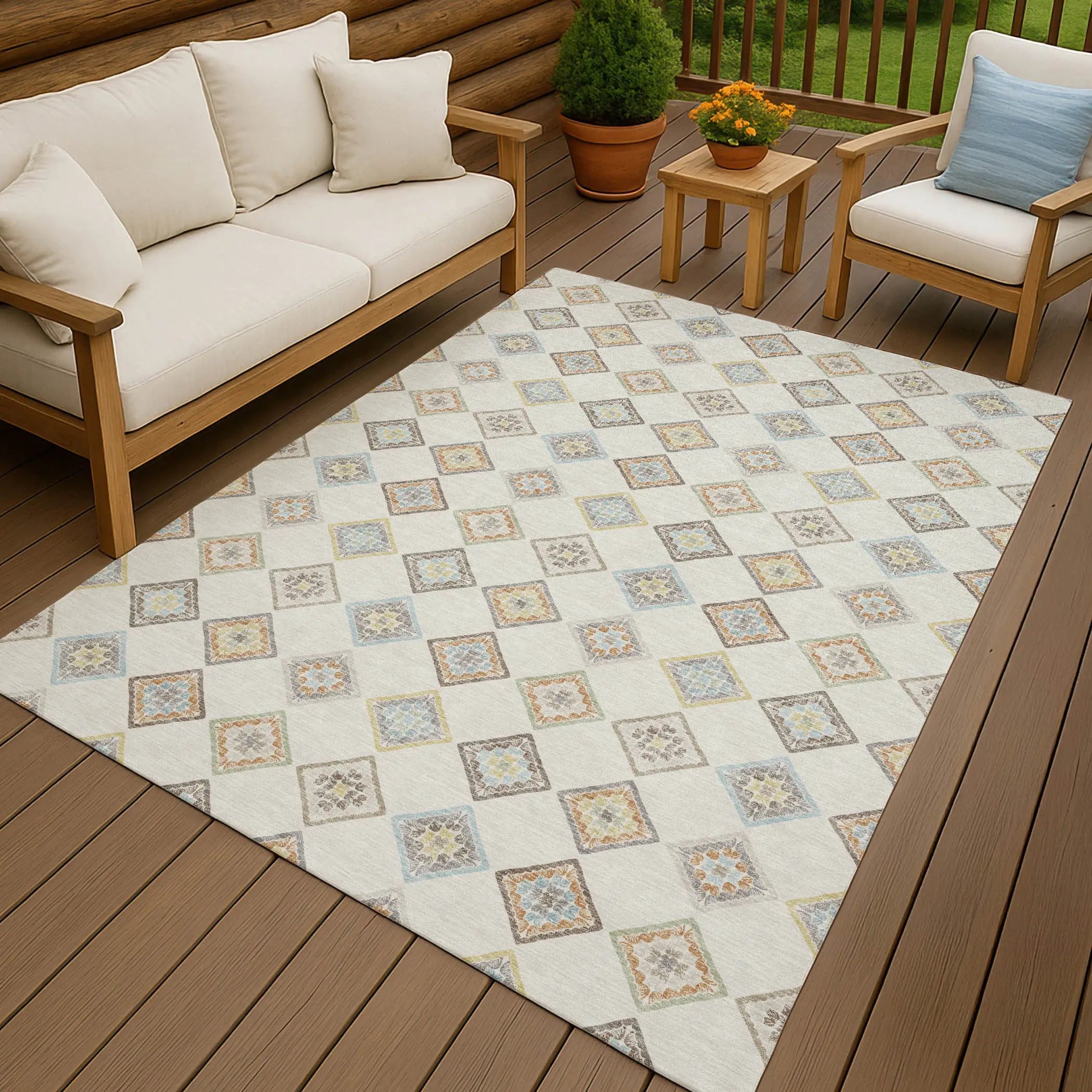 5' X 8' Ivory And Beige Geometric Washable Indoor Outdoor Area Rug Homeroots Outdoor