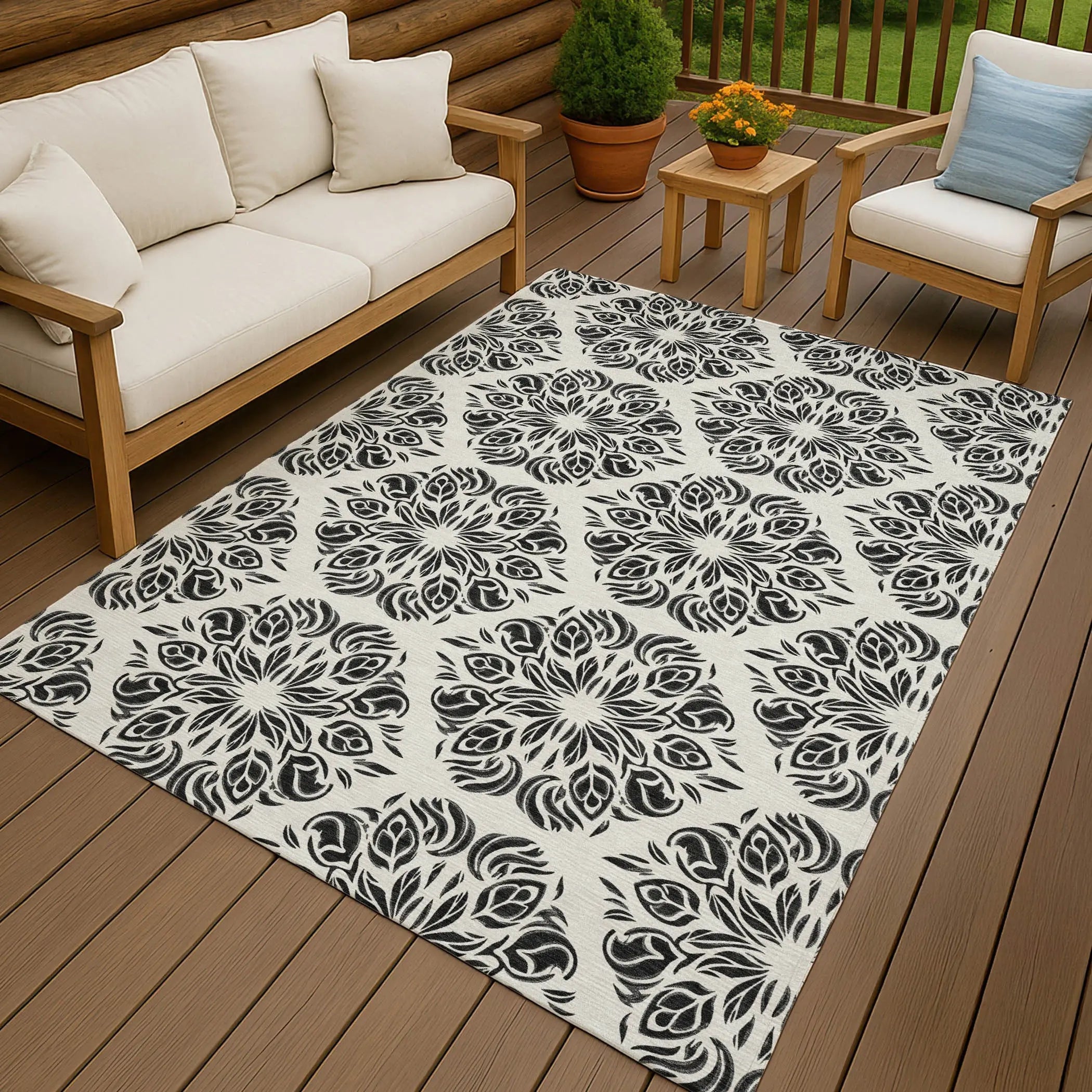 5' X 8' Ivory And Black Damask Washable Indoor Outdoor Area Rug Homeroots Outdoor
