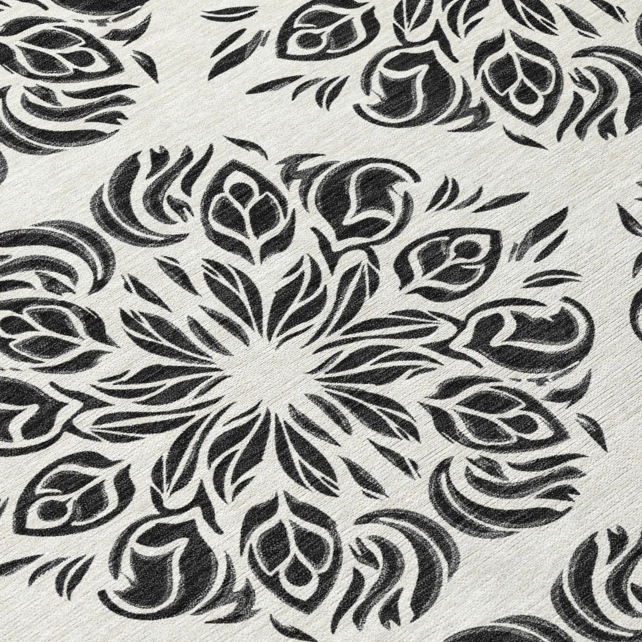 5' X 8' Ivory And Black Damask Washable Indoor Outdoor Area Rug Homeroots Outdoor