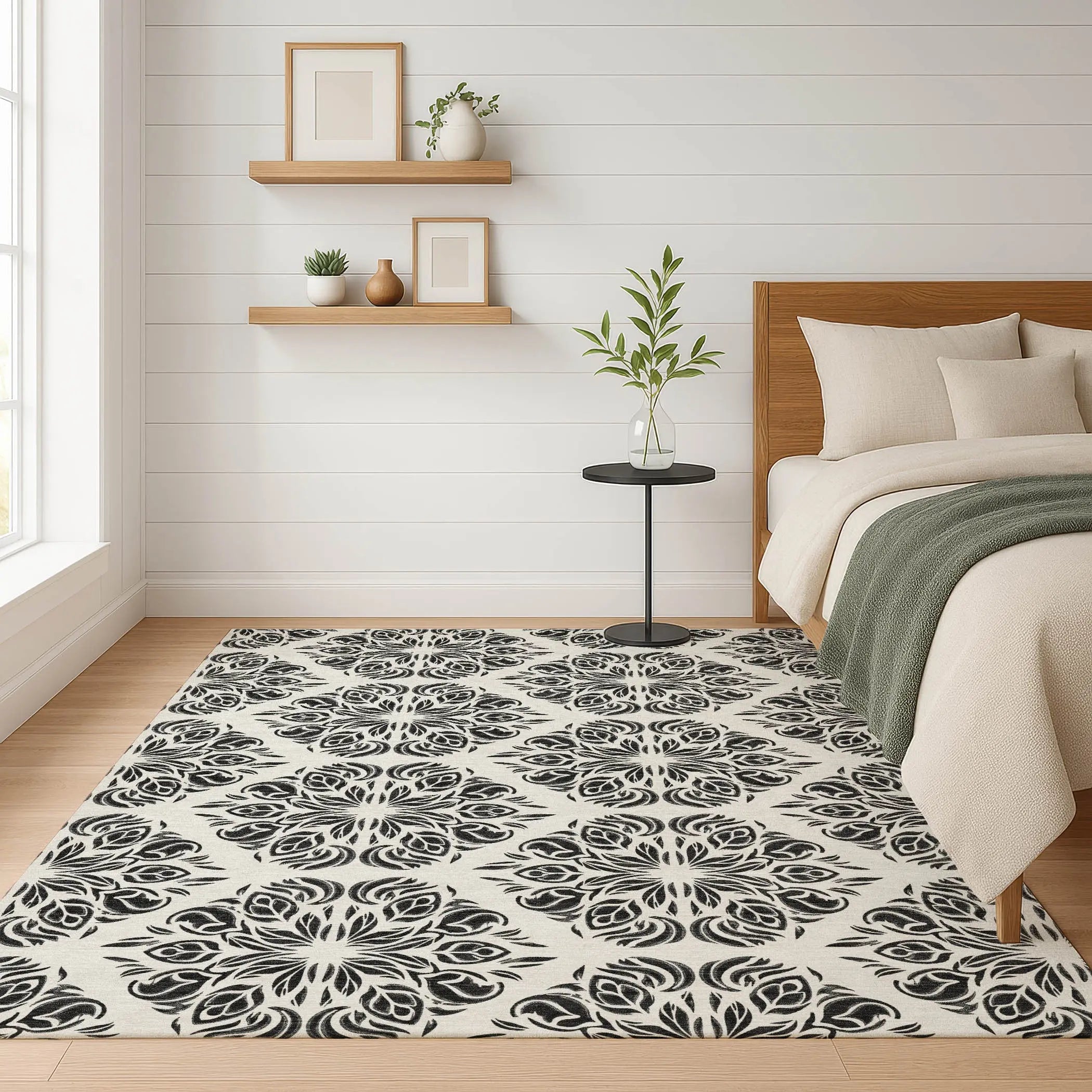 5' X 8' Ivory And Black Damask Washable Indoor Outdoor Area Rug Homeroots Outdoor