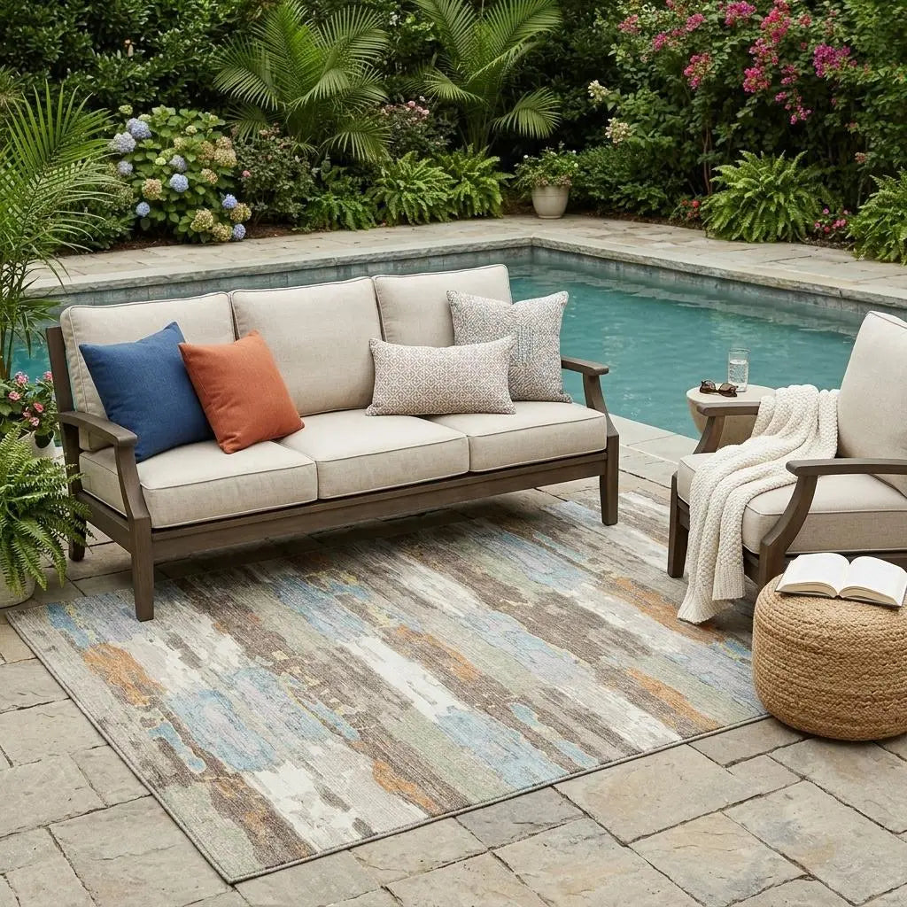 5' X 8' Ivory And Blue Abstract Washable Indoor Outdoor Area Rug Homeroots Outdoor