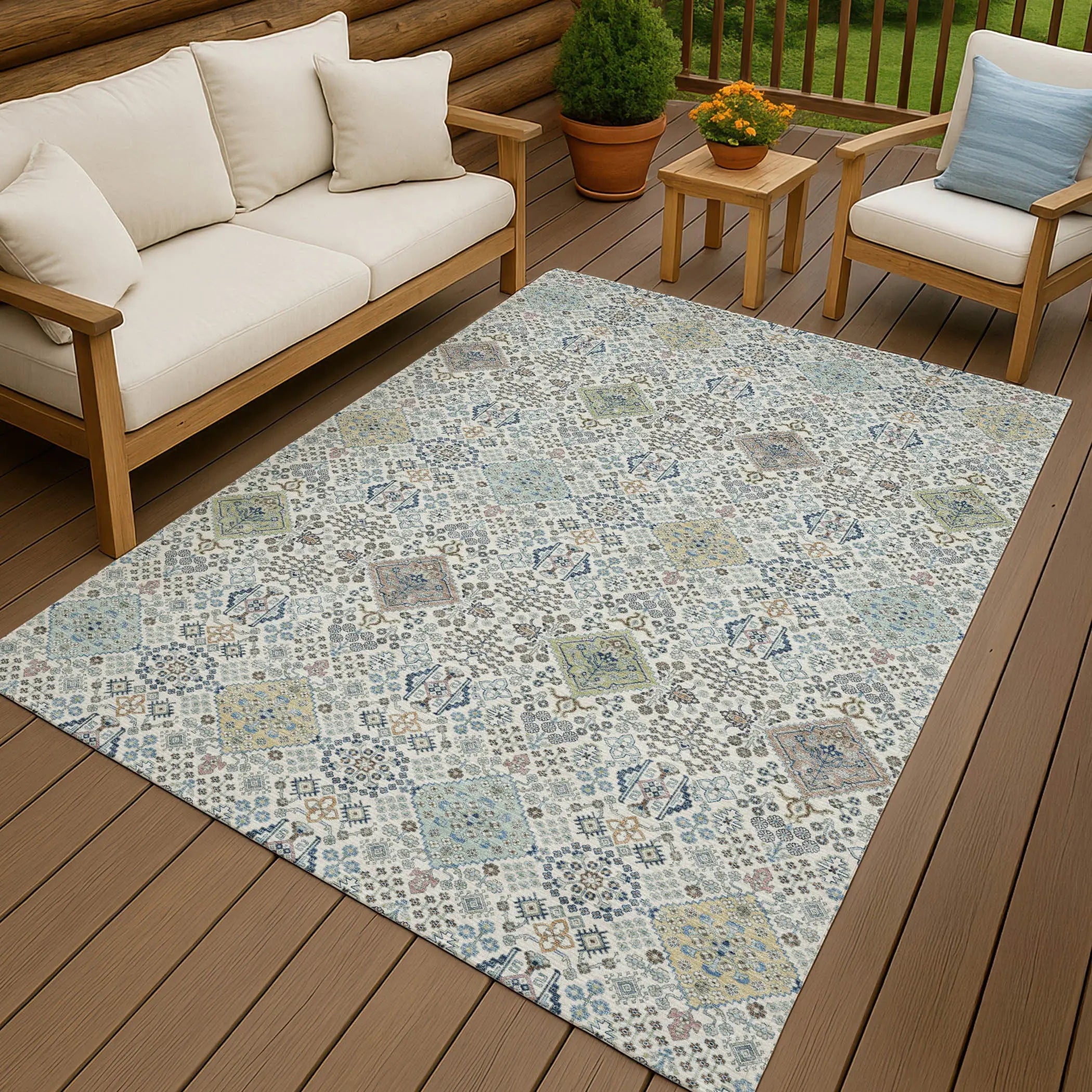 5' X 8' Ivory And Blue Oriental Washable Indoor Outdoor Area Rug Homeroots Outdoor