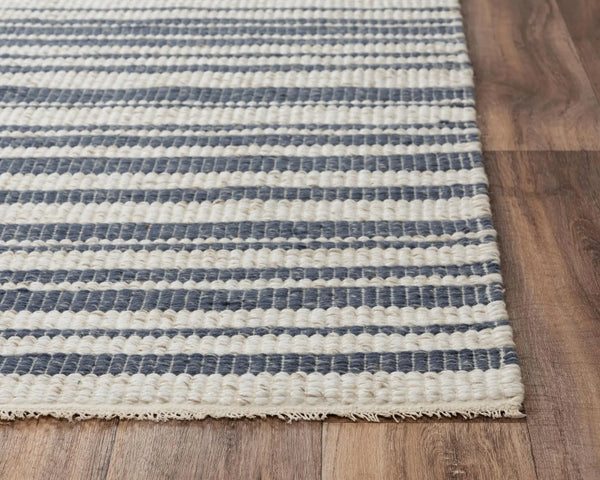5' X 8' Ivory And Blue Wool Striped Hand Woven Area Rug Homeroots Home Decor