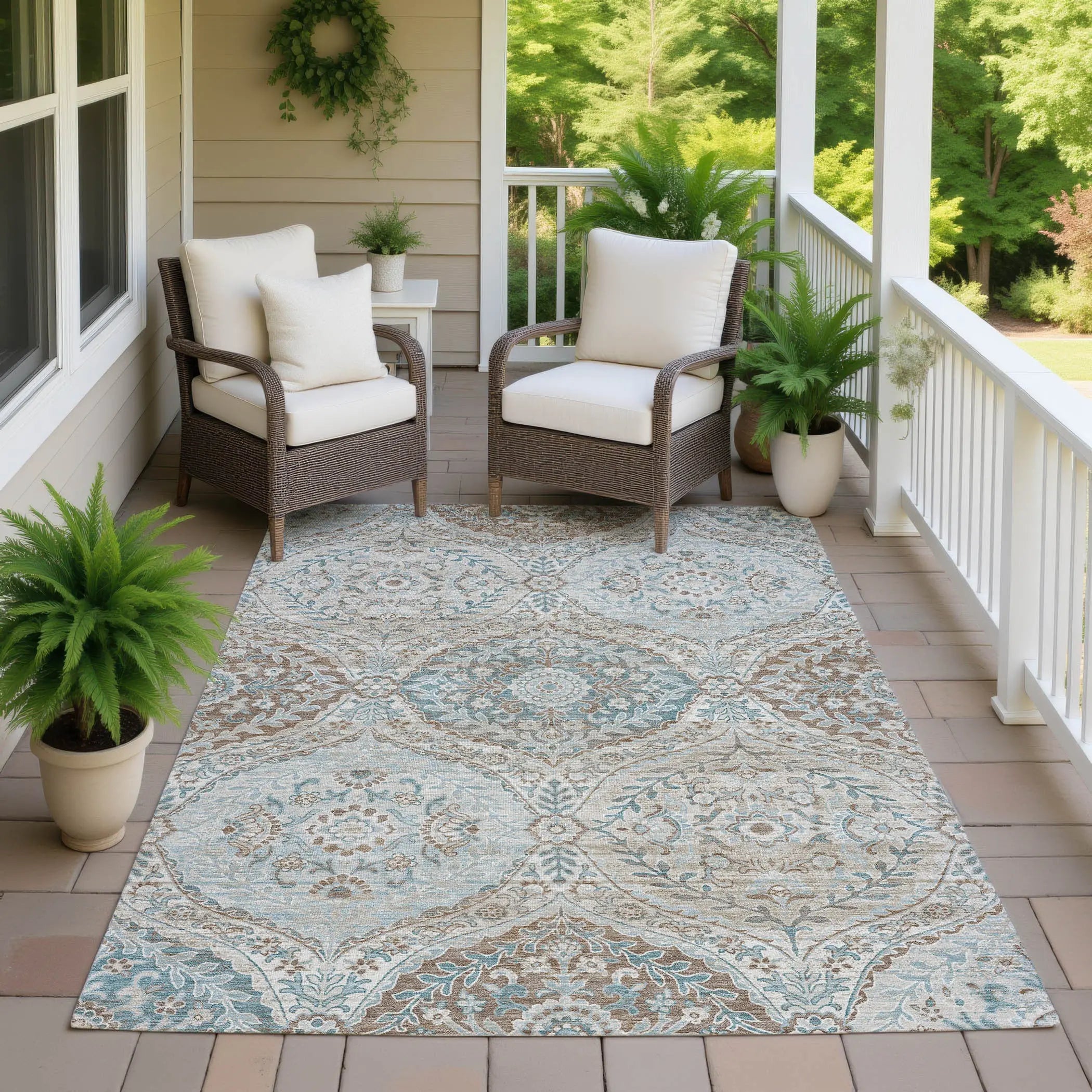 5' X 8' Ivory And Brown Ogee Washable Indoor Outdoor Area Rug Homeroots Outdoor
