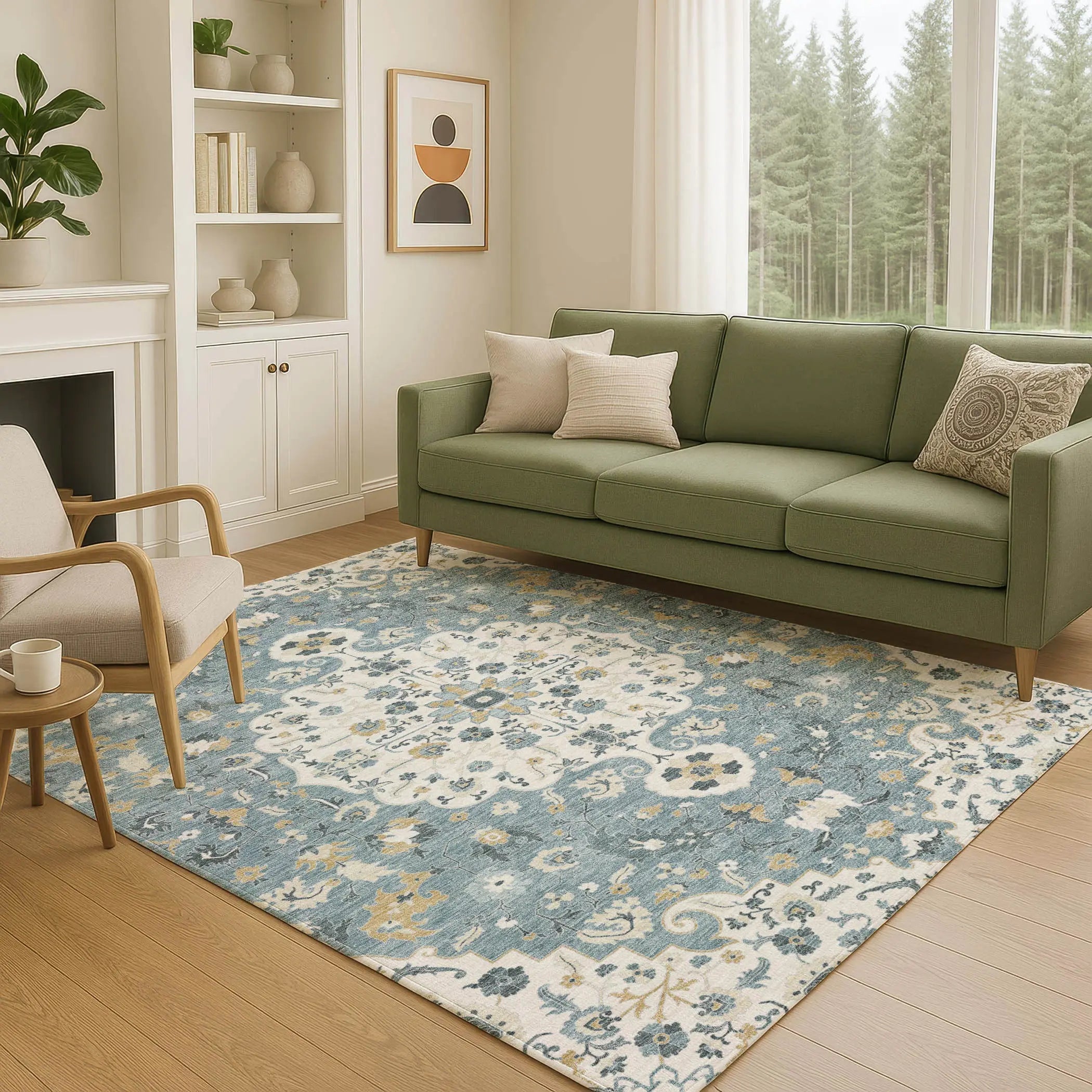 5' X 8' Ivory And Denim Blue Floral Medallion Washable Indoor Outdoor Area Rug Homeroots Outdoor