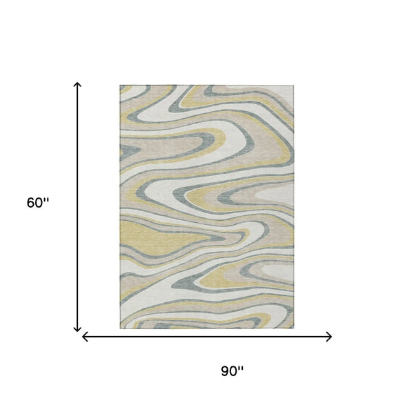 5' X 8' Ivory And Gold Abstract Washable Indoor Outdoor Area Rug Homeroots Outdoor