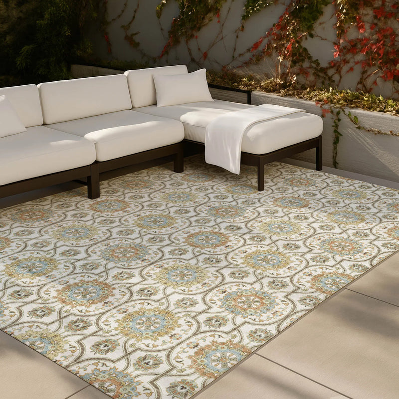 5' X 8' Ivory And Gold Floral Medallion Washable Indoor Outdoor Area Rug Homeroots Outdoor