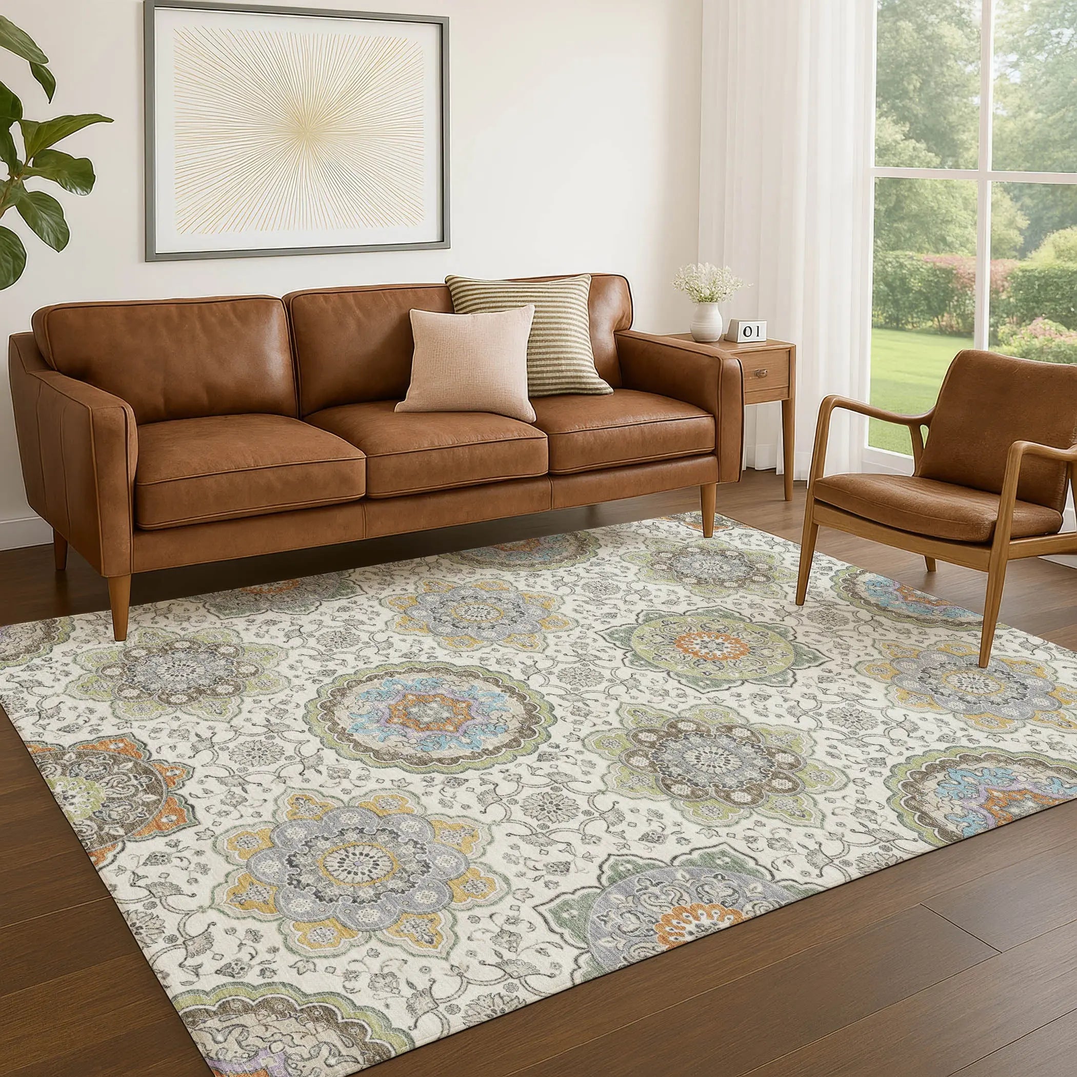 5' X 8' Ivory And Khaki Floral Medallion Washable Indoor Outdoor Area Rug Homeroots Outdoor