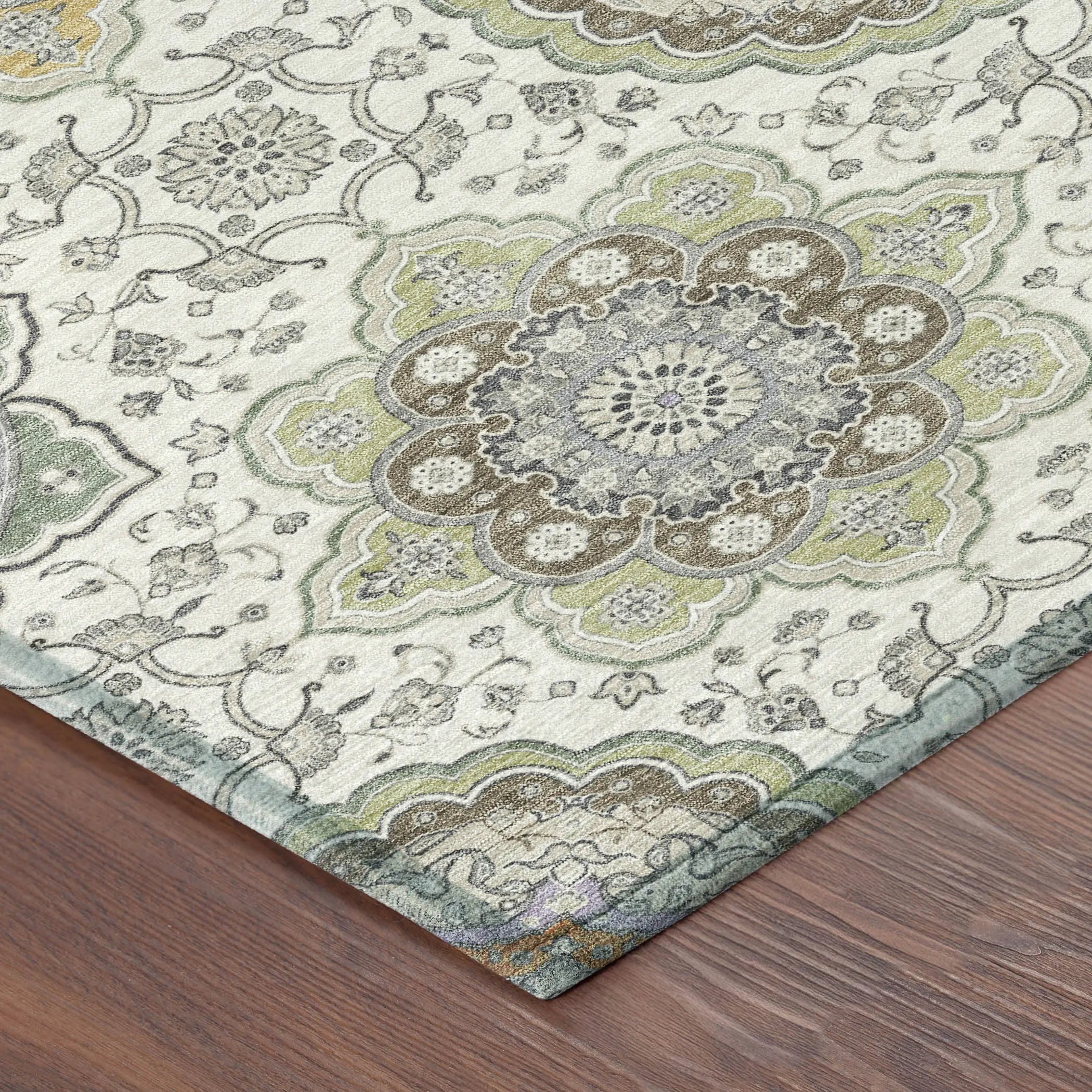 5' X 8' Ivory And Khaki Floral Medallion Washable Indoor Outdoor Area Rug Homeroots Outdoor