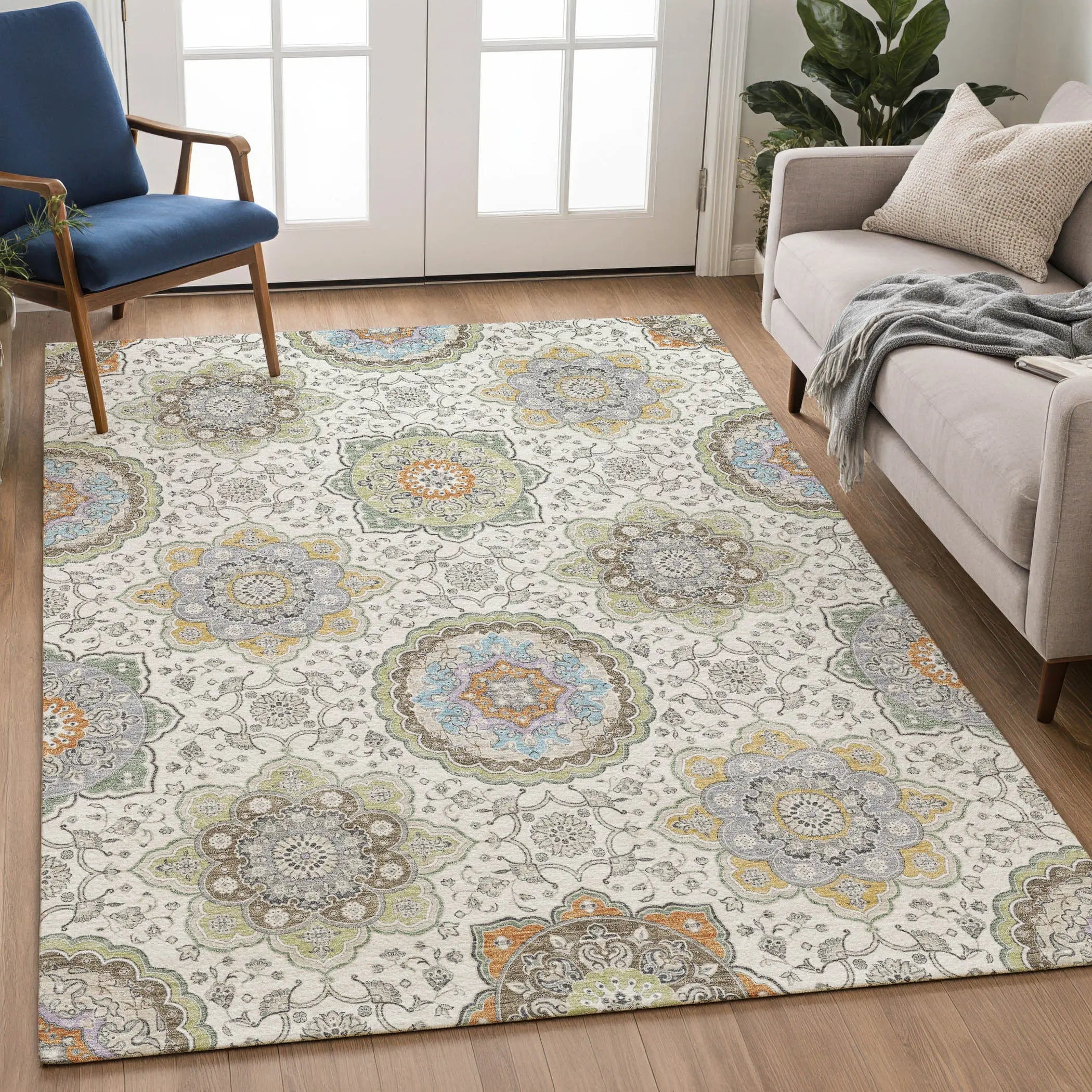 5' X 8' Ivory And Khaki Floral Medallion Washable Indoor Outdoor Area Rug Homeroots Outdoor