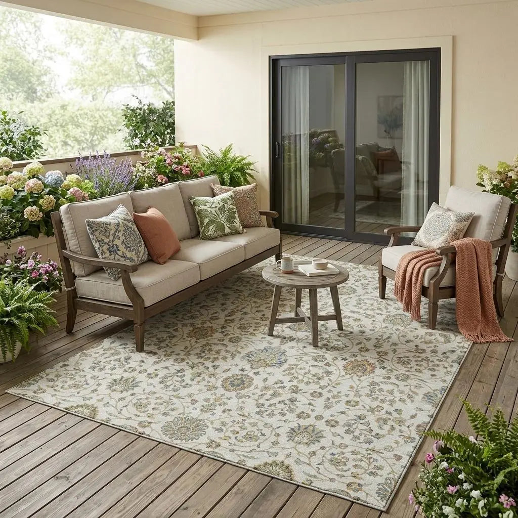 5' X 8' Ivory And Khaki Floral Washable Indoor Outdoor Area Rug Homeroots Outdoor