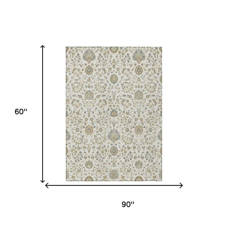 5' X 8' Ivory And Khaki Floral Washable Indoor Outdoor Area Rug Homeroots Outdoor