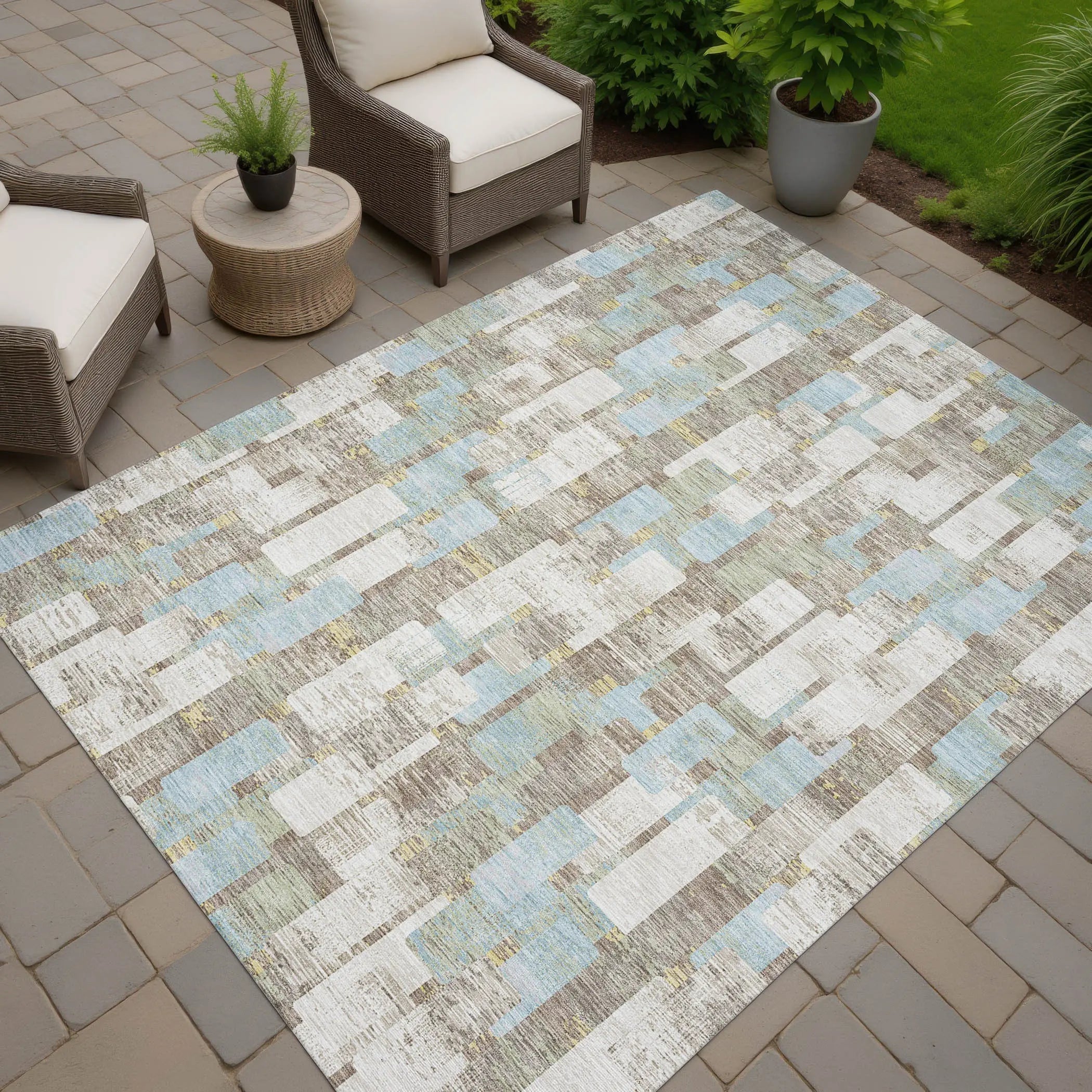 5' X 8' Ivory And Khaki Geometric Washable Indoor Outdoor Area Rug Homeroots Outdoor
