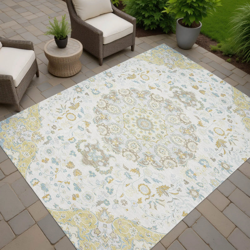 5' X 8' Ivory And Linen Damask Washable Indoor Outdoor Area Rug Homeroots Outdoor