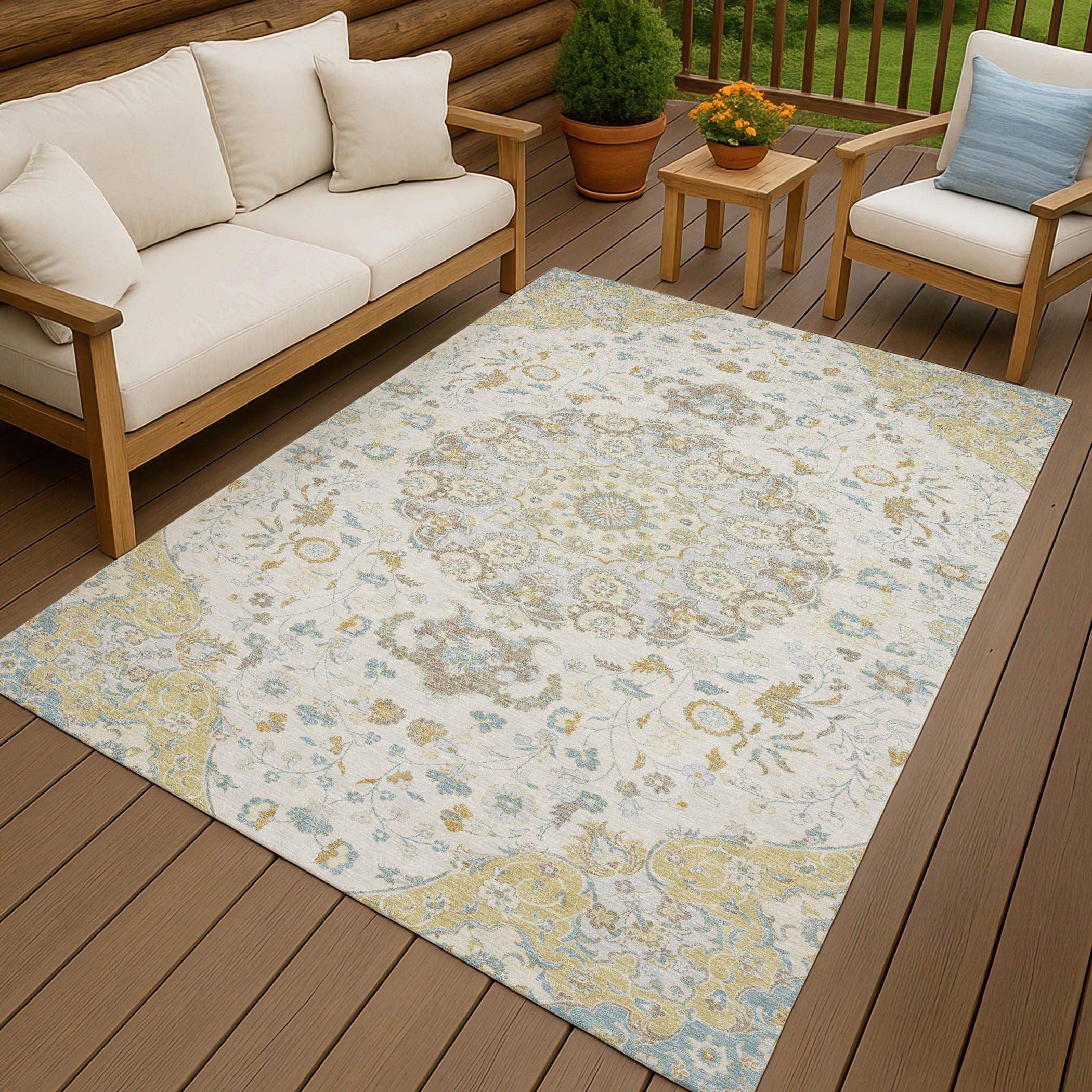 5' X 8' Ivory And Linen Damask Washable Indoor Outdoor Area Rug Homeroots Outdoor