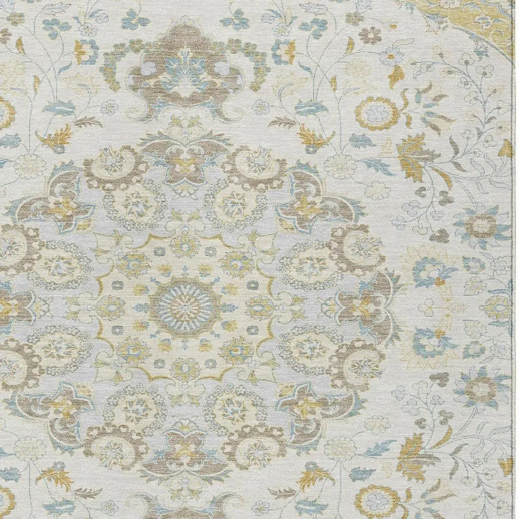 5' X 8' Ivory And Linen Damask Washable Indoor Outdoor Area Rug Homeroots Outdoor