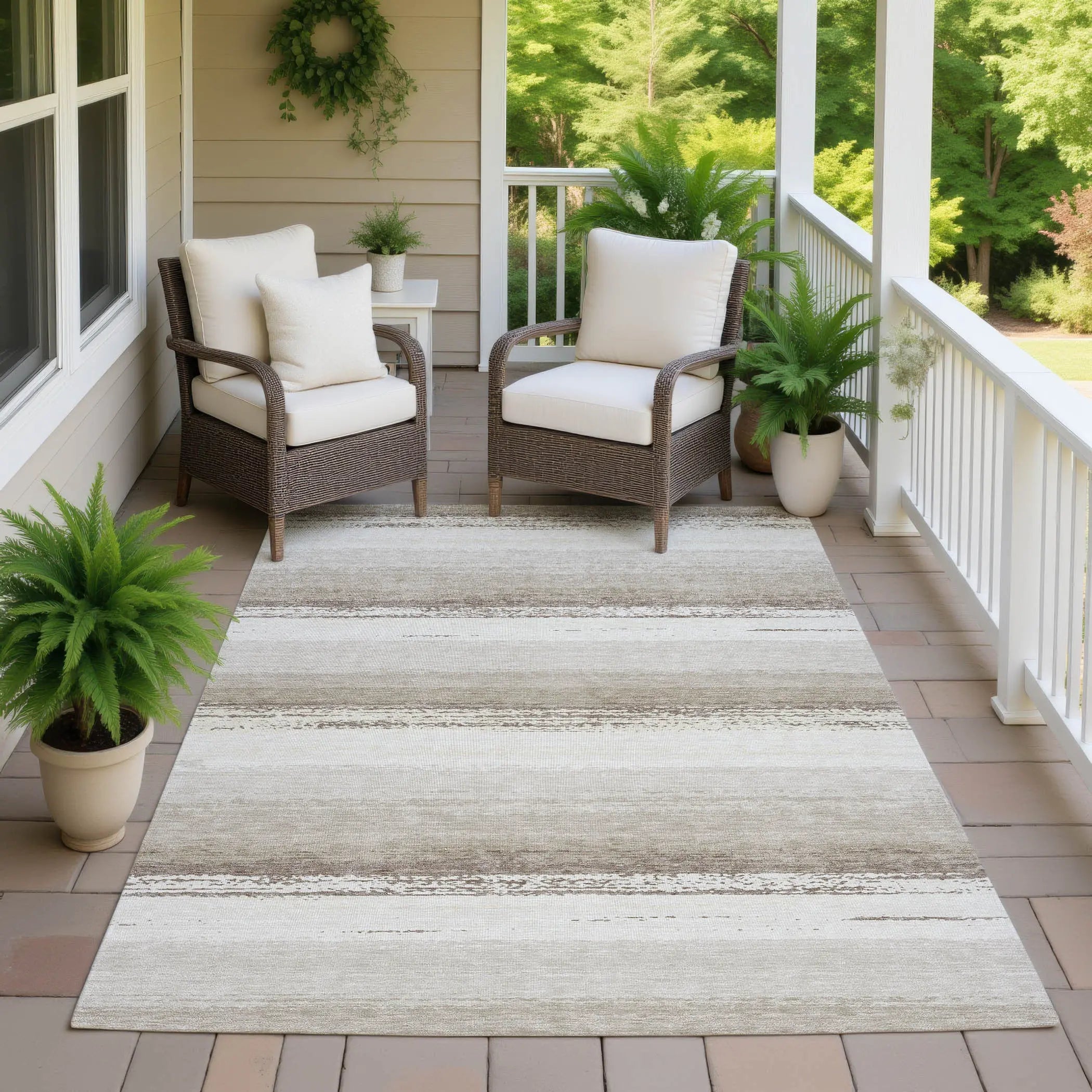 5' X 8' Ivory And Linen Striped Washable Indoor Outdoor Area Rug Homeroots Outdoor