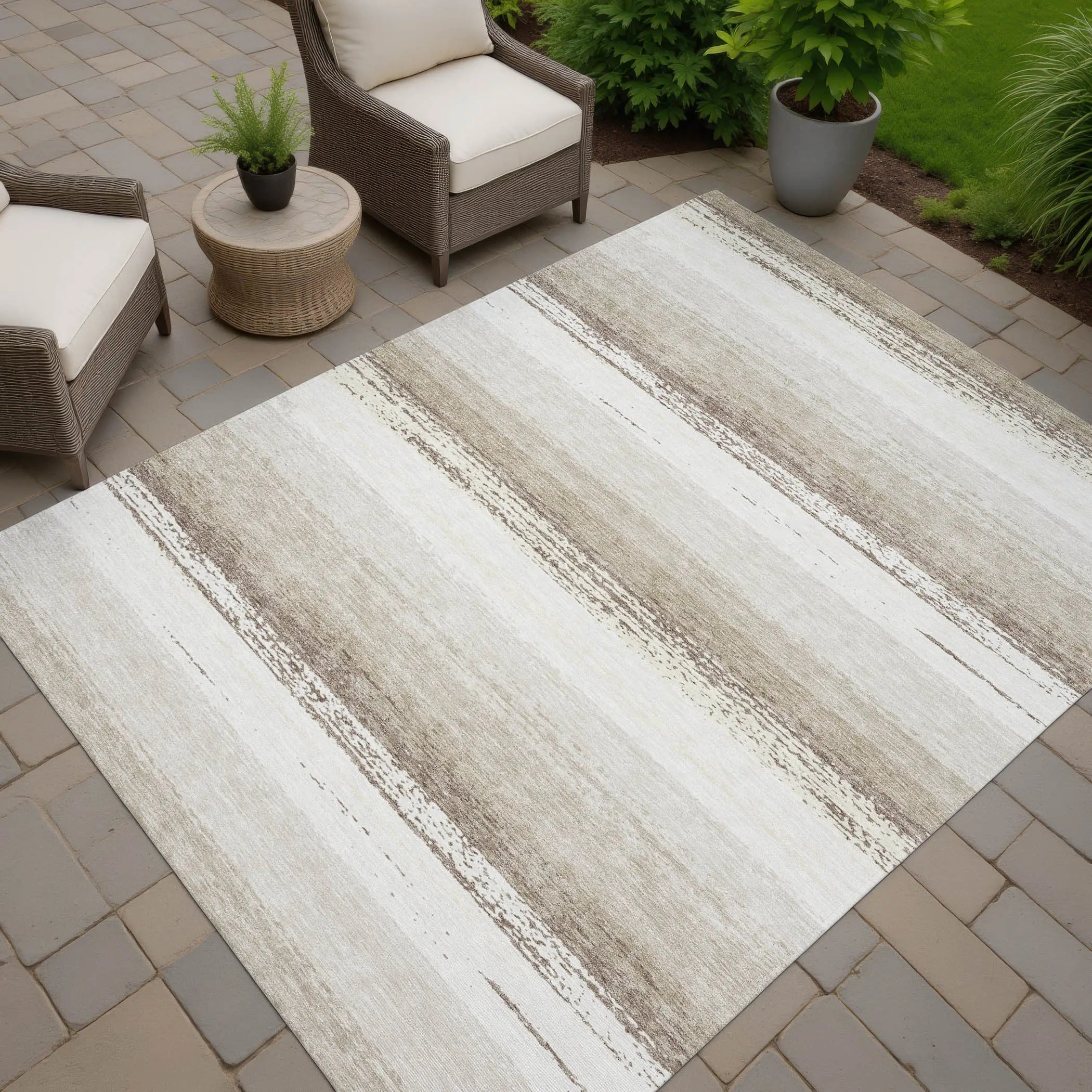5' X 8' Ivory And Linen Striped Washable Indoor Outdoor Area Rug Homeroots Outdoor