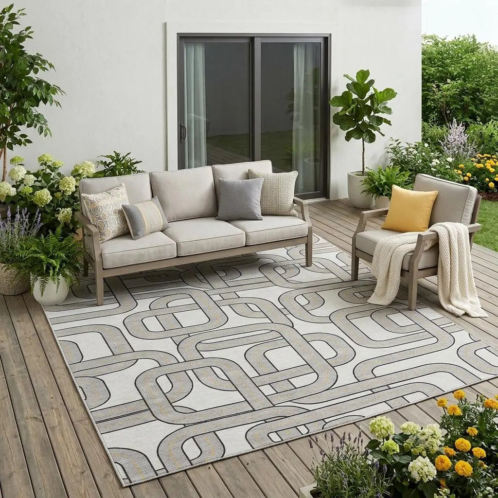 5' X 8' Ivory And Pewter Geometric Washable Indoor Outdoor Area Rug Homeroots Outdoor