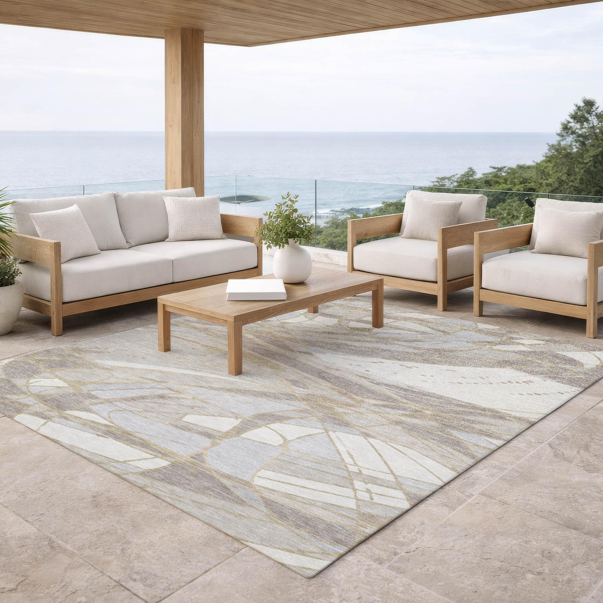 5' X 8' Ivory And Silver Abstract Washable Indoor Outdoor Area Rug Homeroots Outdoor