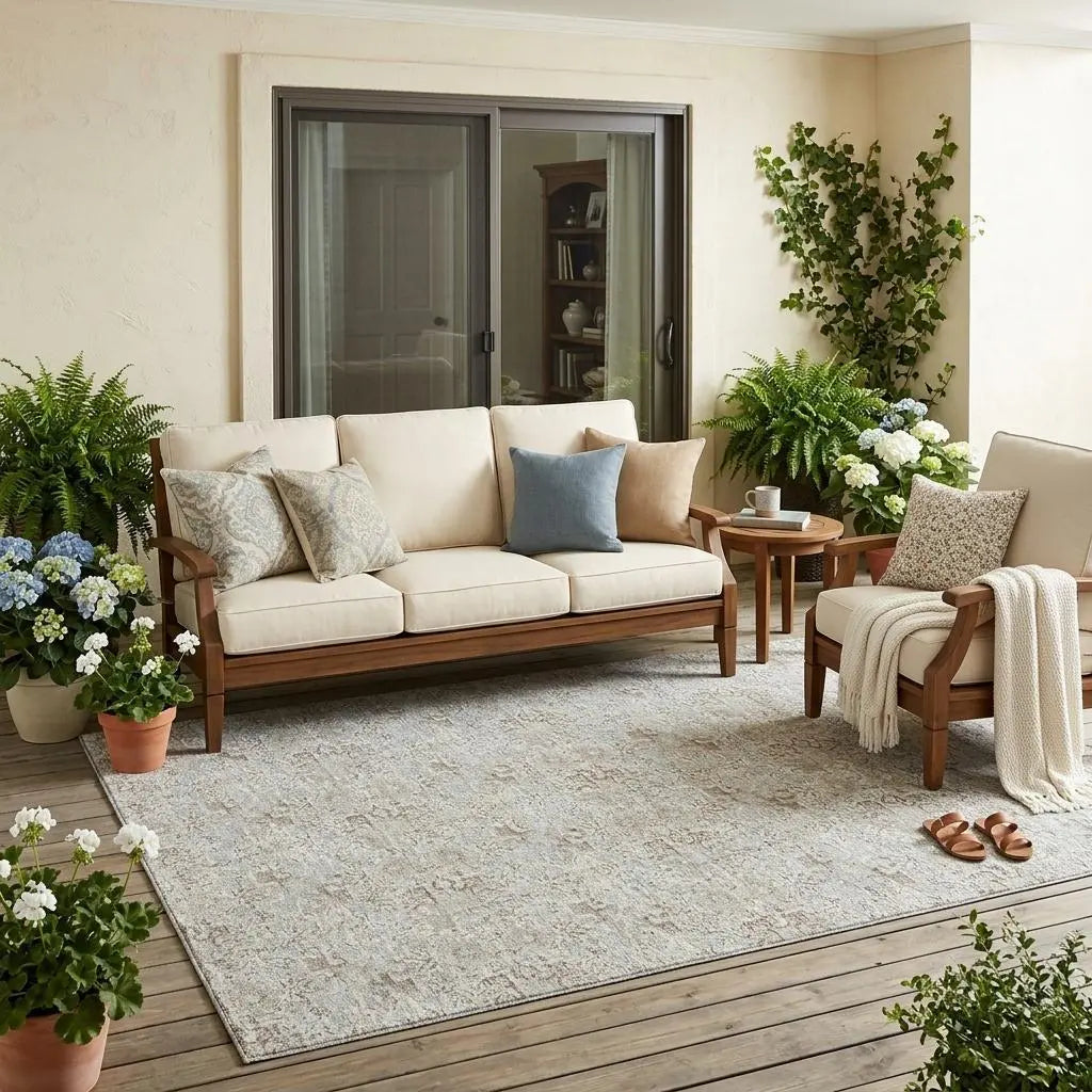5' X 8' Ivory And Silver Damask Washable Indoor Outdoor Area Rug Homeroots Outdoor