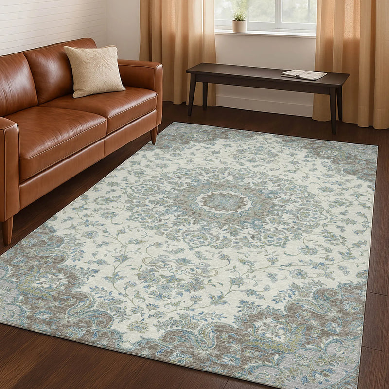 5' X 8' Ivory And Silver Floral Medallion Washable Indoor Outdoor Area Rug Homeroots Outdoor