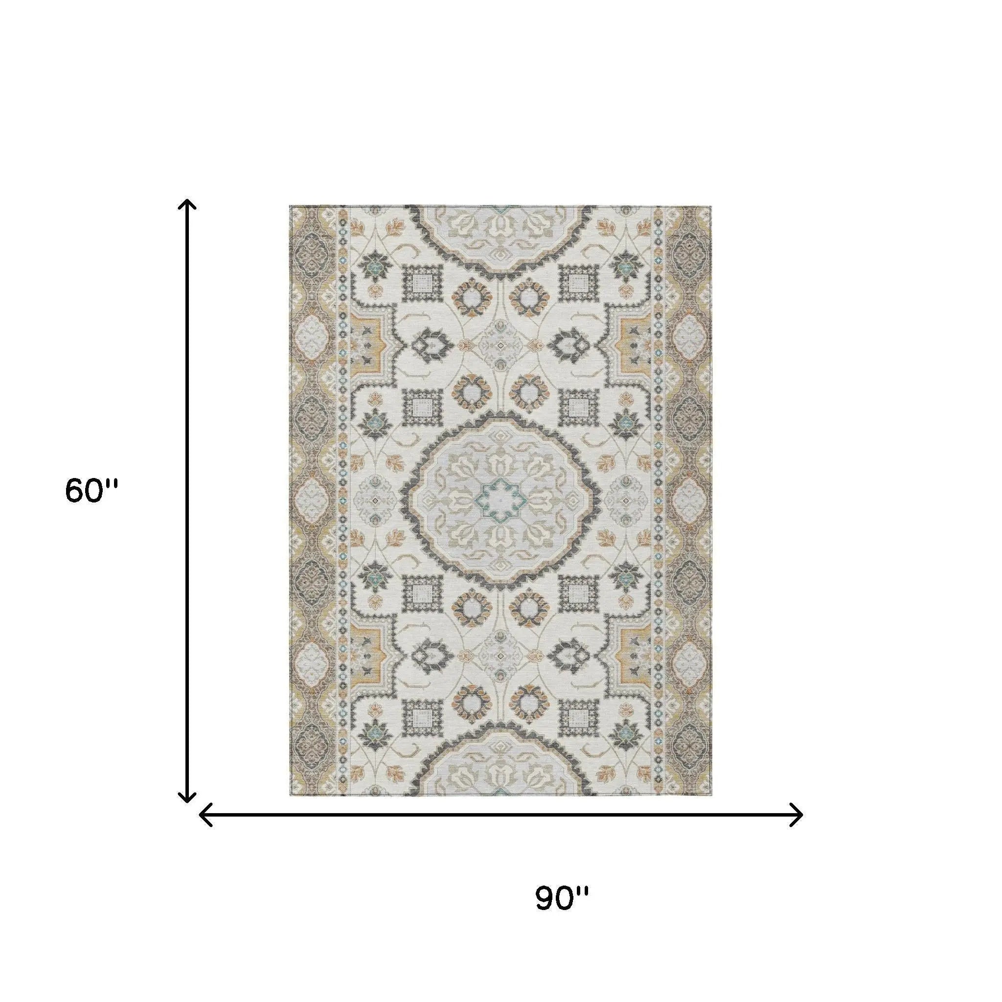 5' X 8' Ivory And Silver Floral Medallion Washable Indoor Outdoor Area Rug Homeroots Outdoor