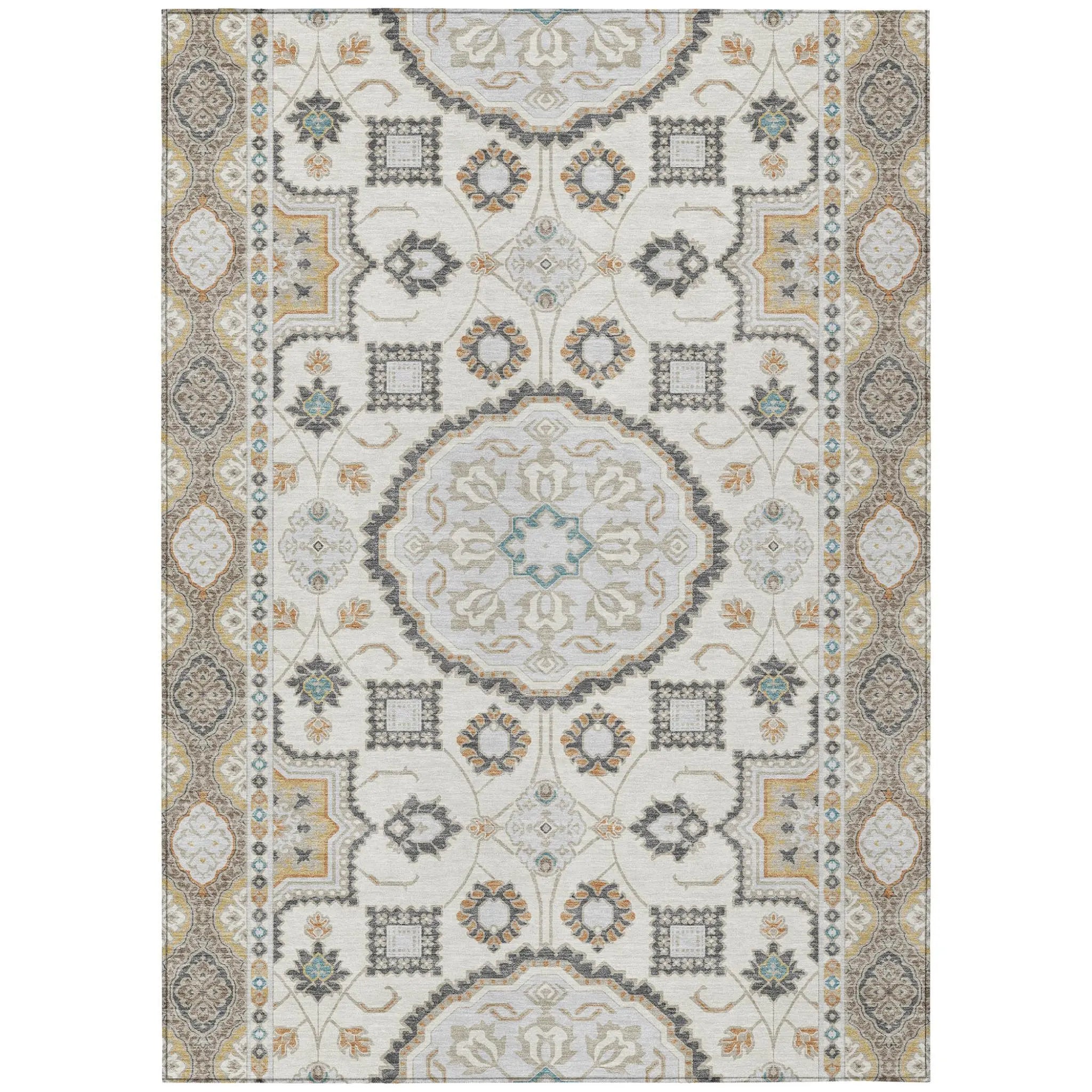 5' X 8' Ivory And Silver Floral Medallion Washable Indoor Outdoor Area Rug Homeroots Outdoor
