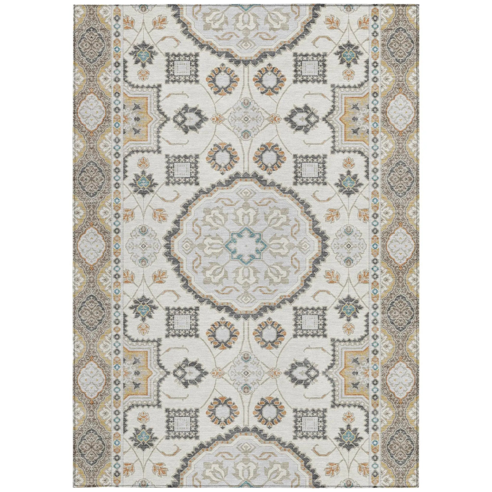 5' X 8' Ivory And Silver Floral Medallion Washable Indoor Outdoor Area Rug Homeroots Outdoor