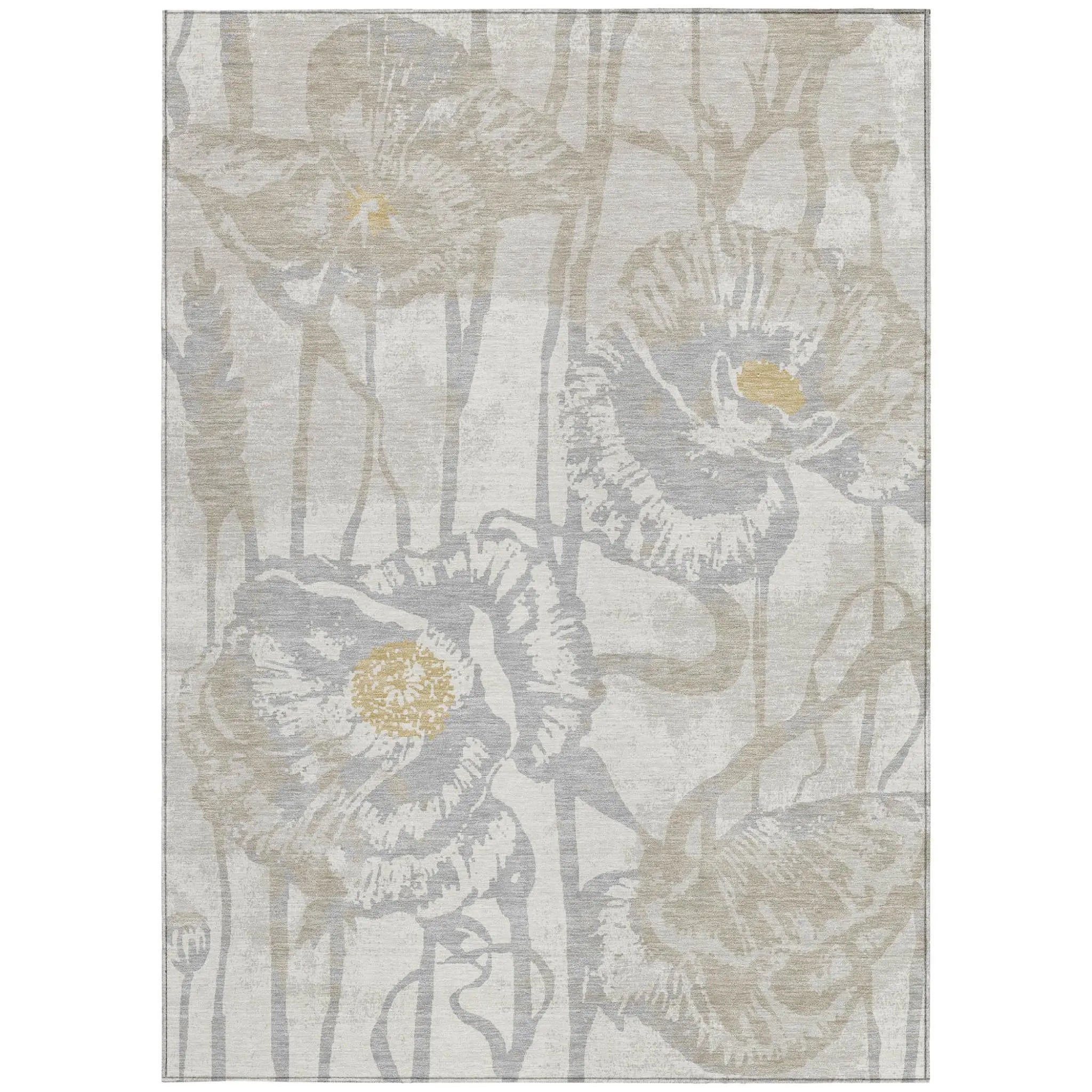 5' X 8' Ivory And Silver Floral Washable Indoor Outdoor Area Rug Homeroots Outdoor