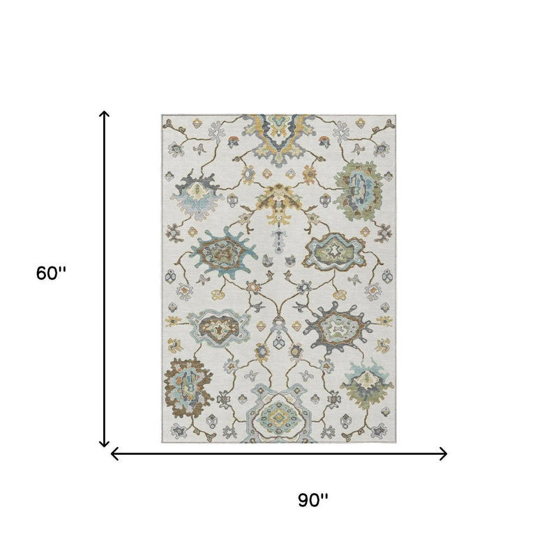 5' X 8' Ivory And Silver Oriental Washable Indoor Outdoor Area Rug Homeroots Outdoor