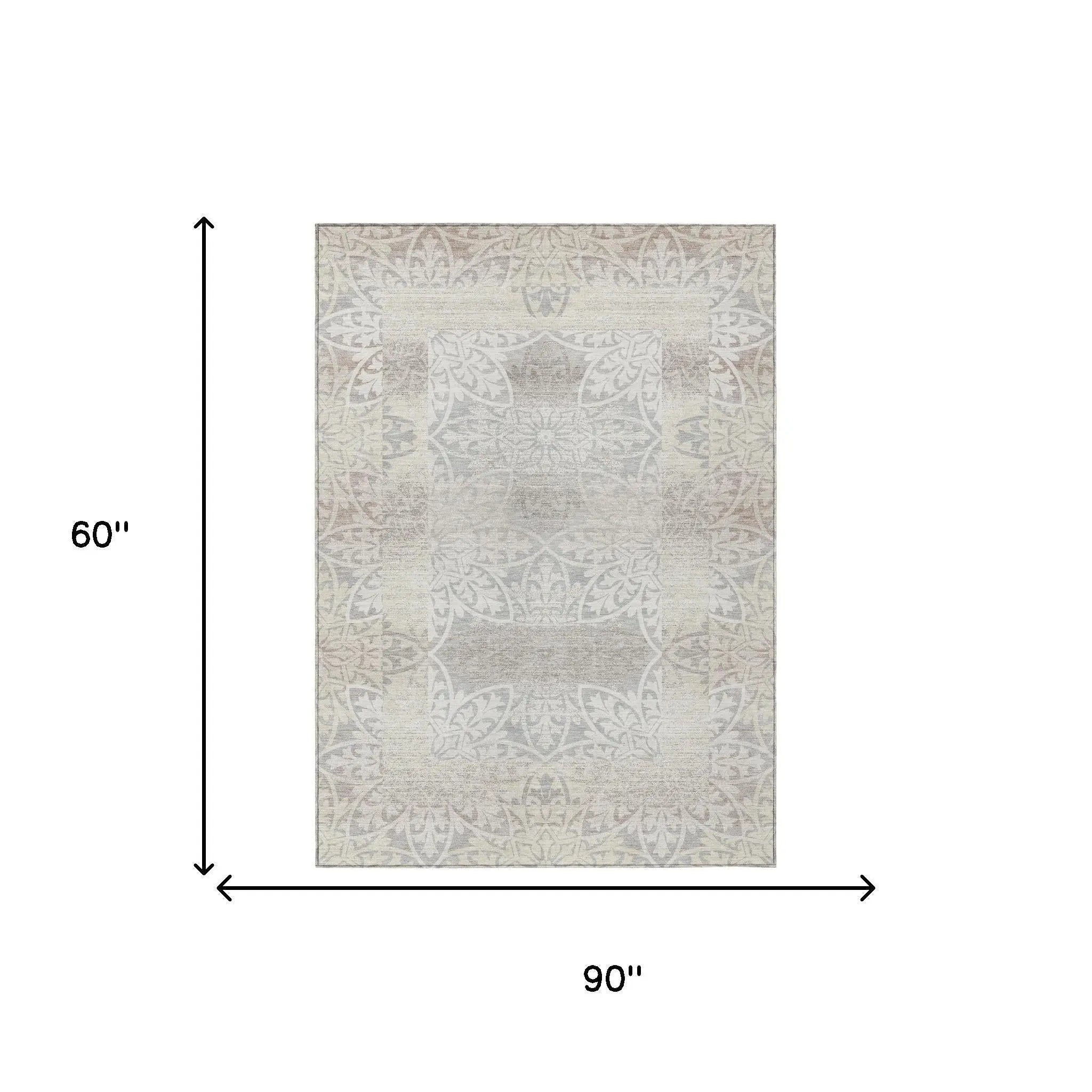 5' X 8' Ivory And Silver Oriental Washable Indoor Outdoor Area Rug Homeroots Outdoor