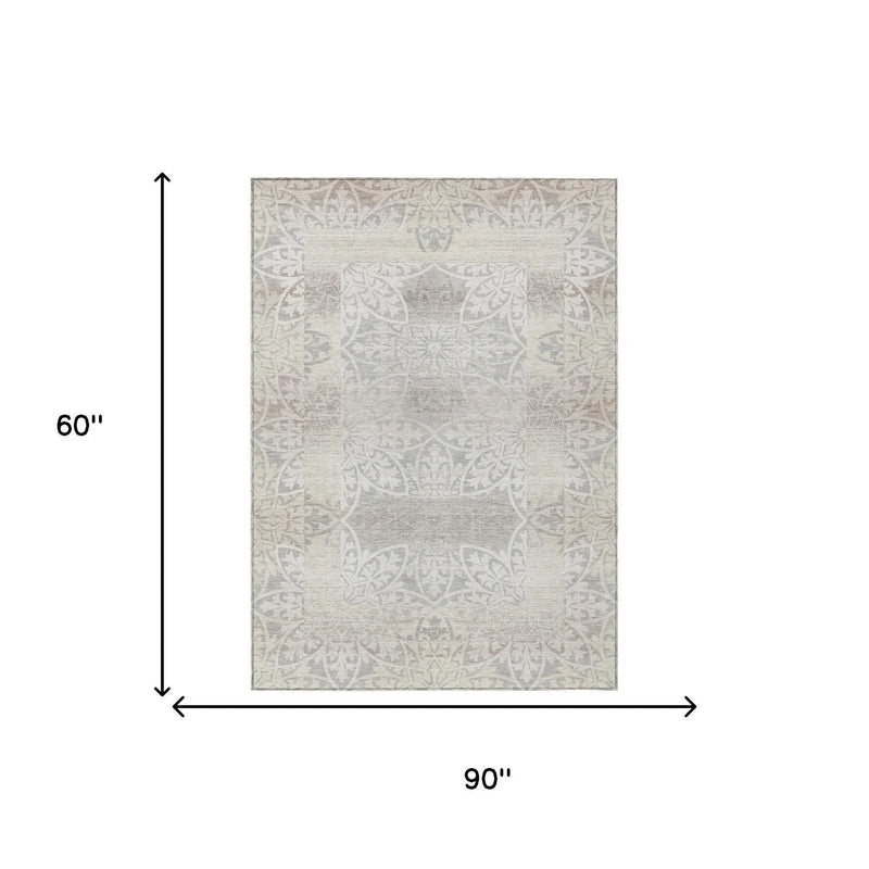 5' X 8' Ivory And Silver Oriental Washable Indoor Outdoor Area Rug Homeroots Outdoor
