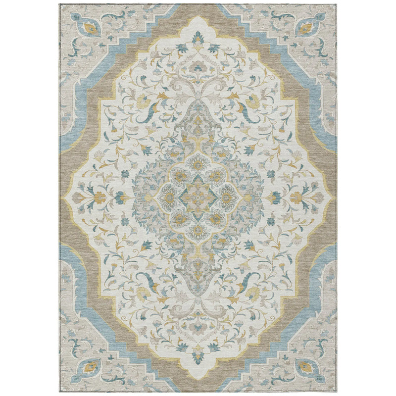 5' X 8' Ivory And Taupe Medallion Washable Indoor Outdoor Area Rug Homeroots Outdoor