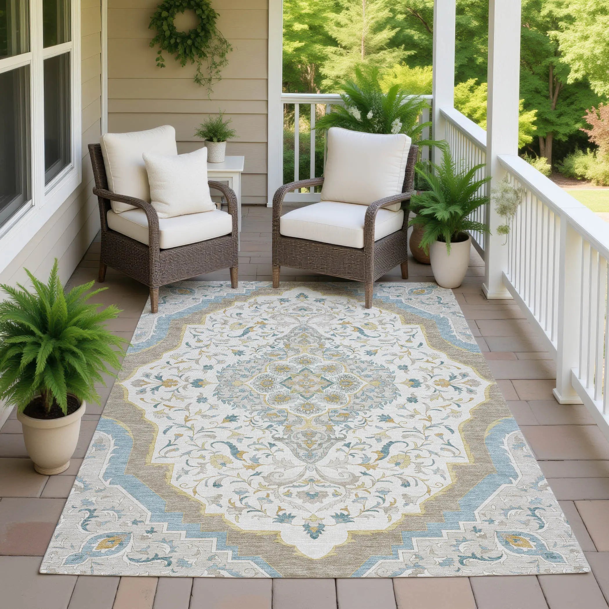 5' X 8' Ivory And Taupe Medallion Washable Indoor Outdoor Area Rug Homeroots Outdoor