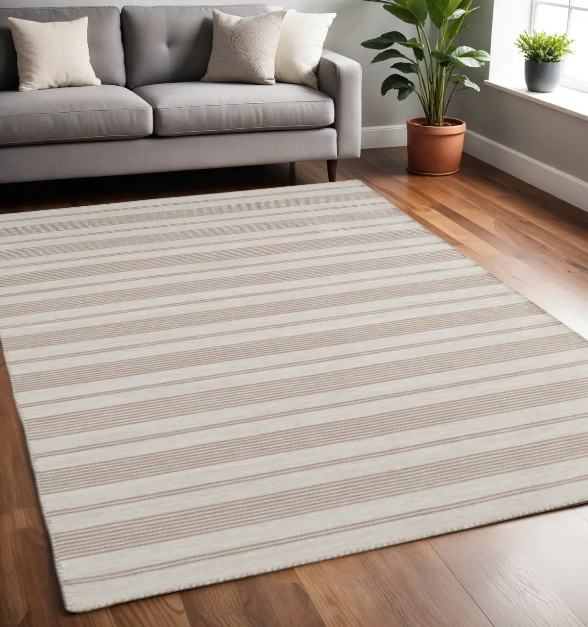 5' X 8' Ivory And Taupe Striped Hand Woven Area Rug Homeroots Outdoor
