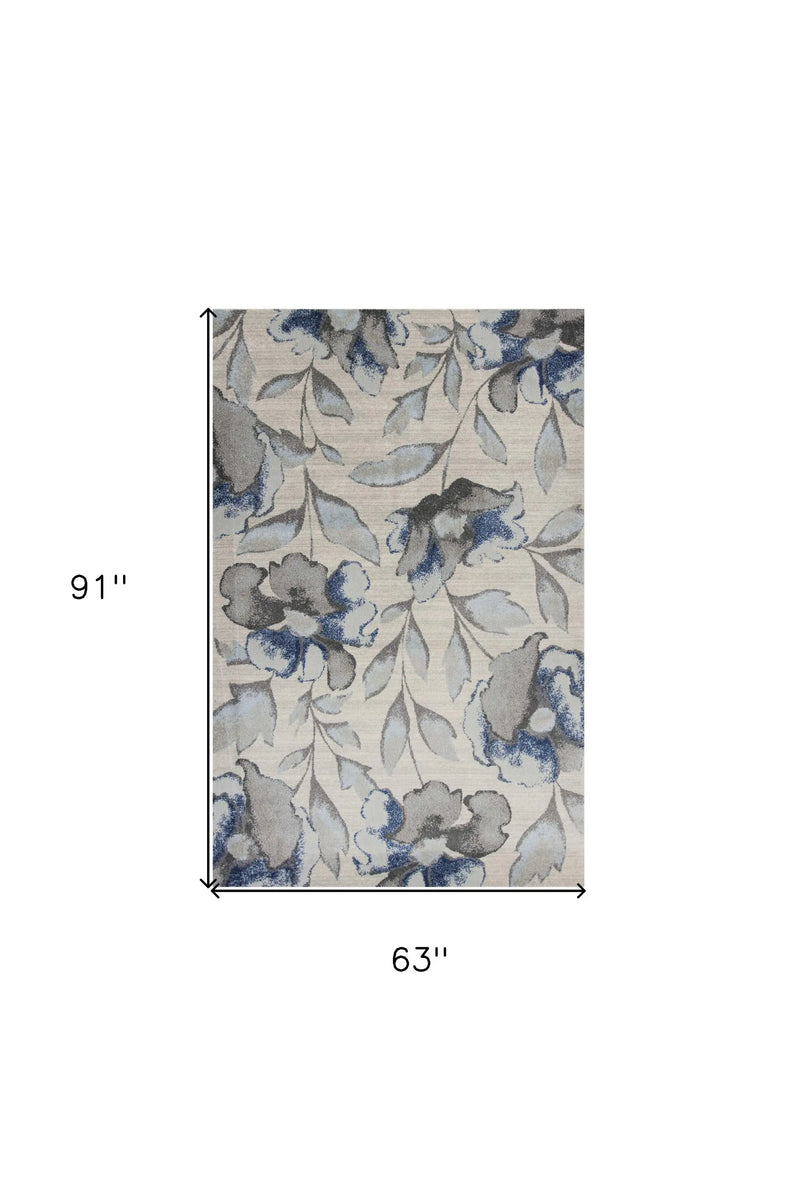 5' X 8' Ivory Blue And Gray Floral Vines Area Rug Homeroots Home Decor