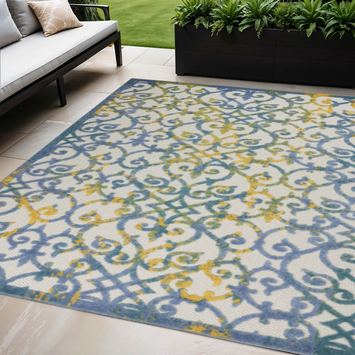 5' X 8' Ivory Blue And Yellow Trellis Indoor Outdoor Area Rug Homeroots Outdoor