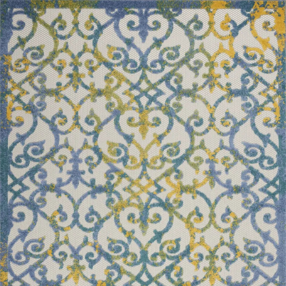 5' X 8' Ivory Blue And Yellow Trellis Indoor Outdoor Area Rug Homeroots Outdoor