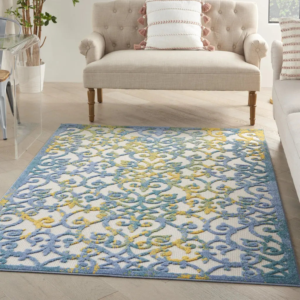 5' X 8' Ivory Blue And Yellow Trellis Indoor Outdoor Area Rug Homeroots Outdoor