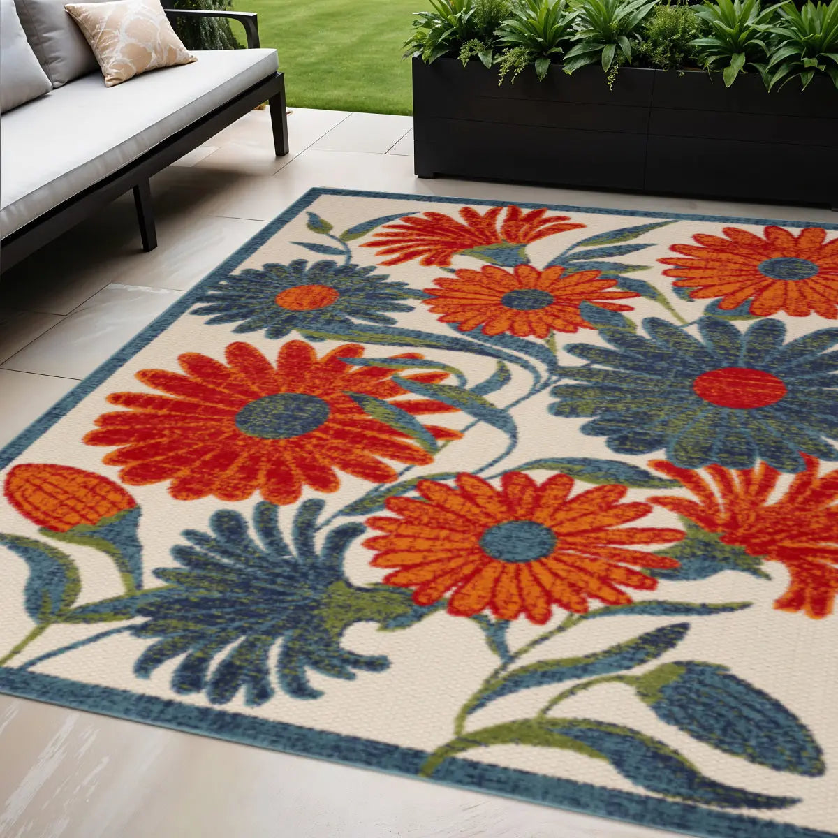 5' X 8' Ivory Blue Orange And Green Floral Indoor Outdoor Area Rug Homeroots Outdoor