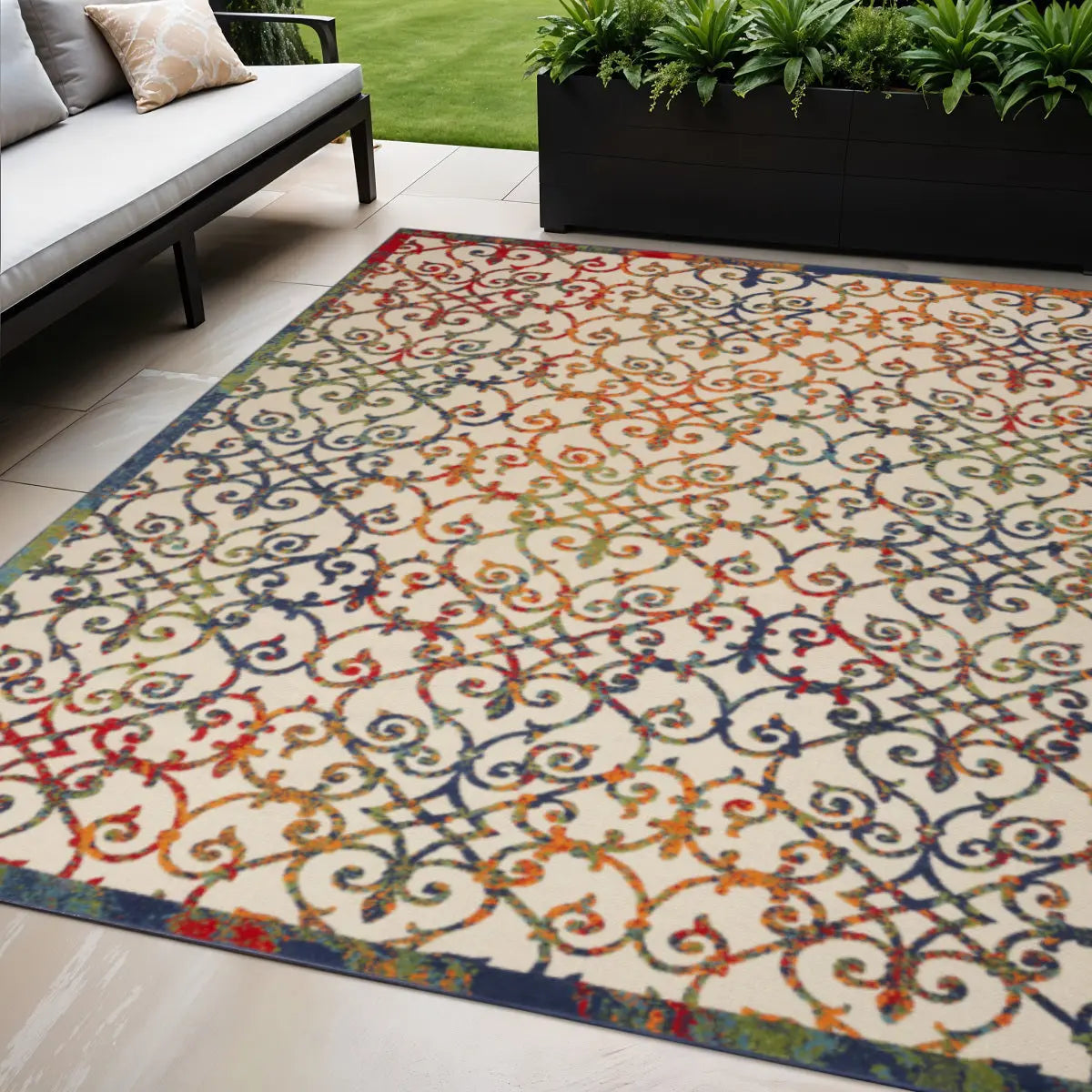 5' X 8' Ivory Blue Orange And Green Trellis Indoor Outdoor Area Rug Homeroots Outdoor