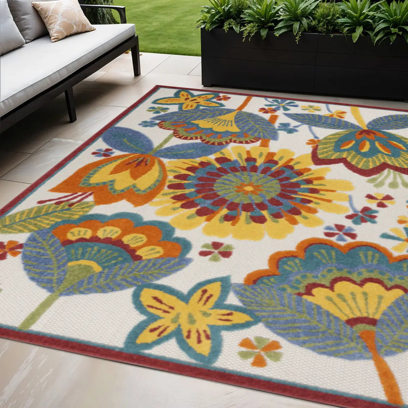 5' X 8' Ivory Blue Orange Red And Yellow Floral Indoor Outdoor Area Rug Homeroots Outdoor