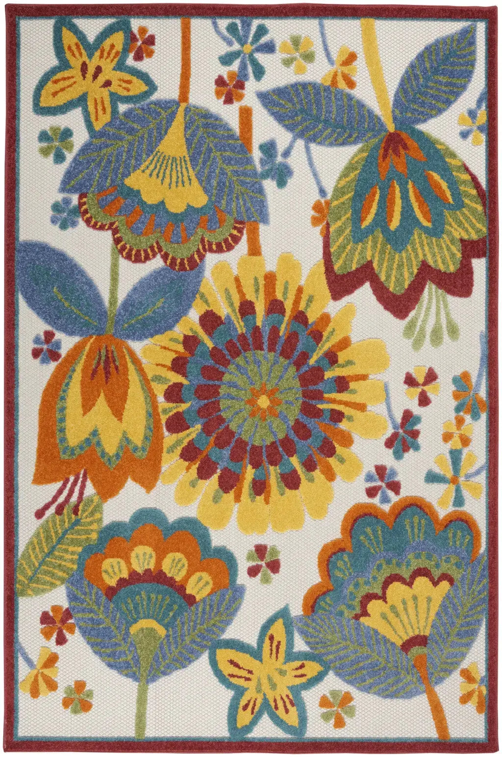 5' X 8' Ivory Blue Orange Red And Yellow Floral Indoor Outdoor Area Rug Homeroots Outdoor