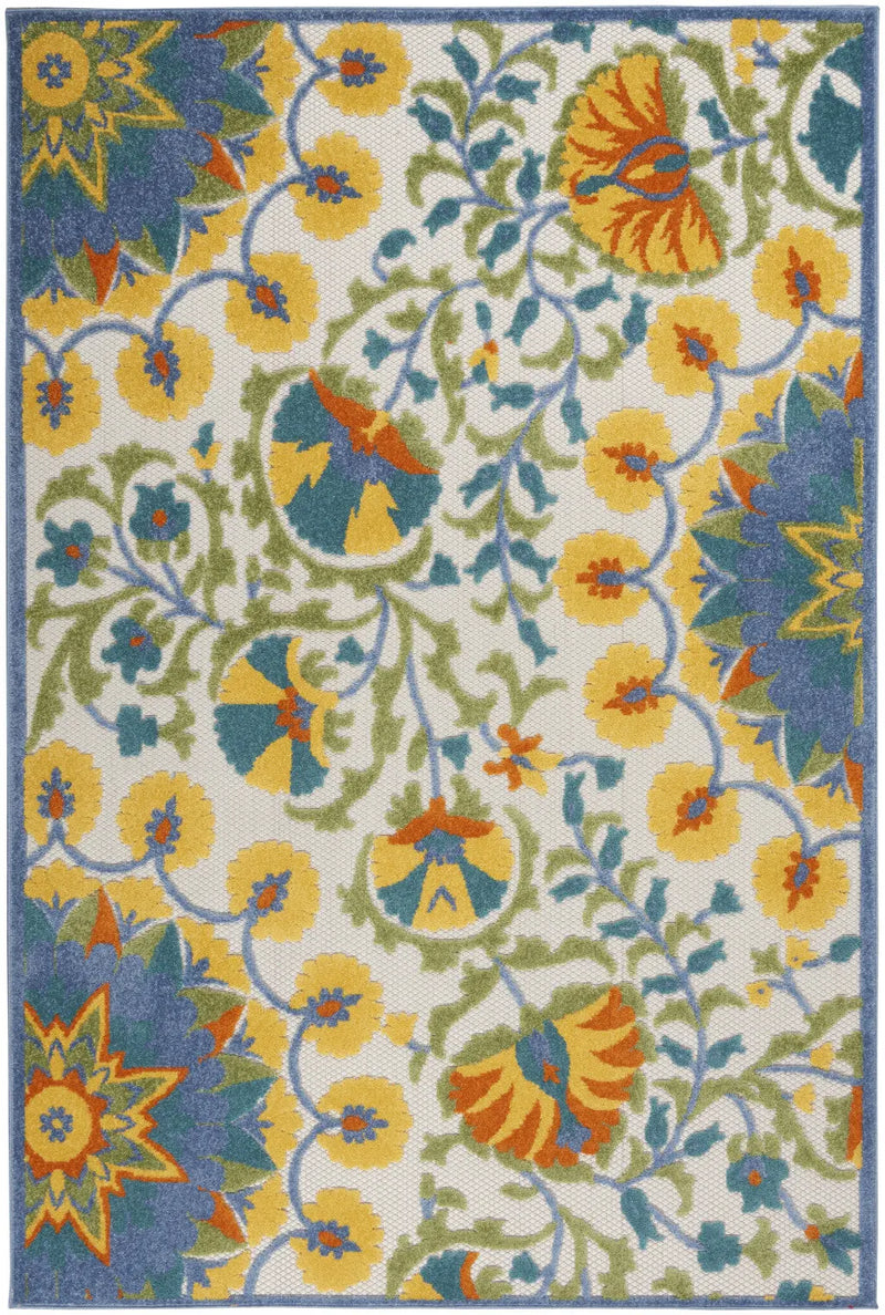 5' X 8' Ivory Blue Yellow And Orange Floral Indoor Outdoor Area Rug Homeroots Outdoor